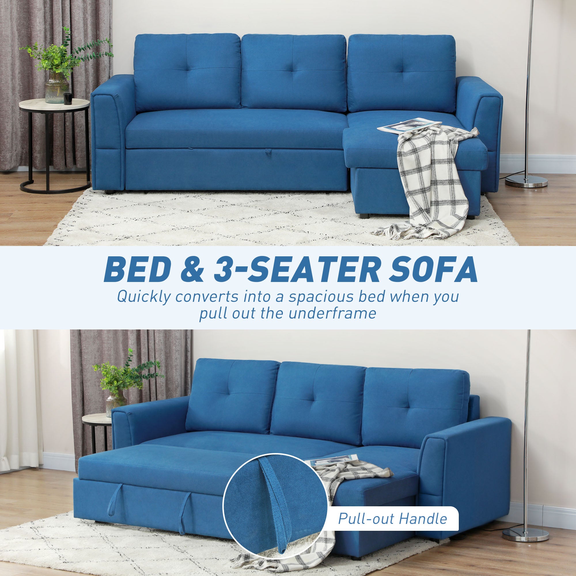 HOMCOM 3 Seater Sofa Bed, L-Shaped Corner Sofa, Pull Out Sofa with Storage, Convertible Click Clack Settee Sectional Sleeper Futon for Living Room, Office, Dark Blue - North Peak Garden Furniture