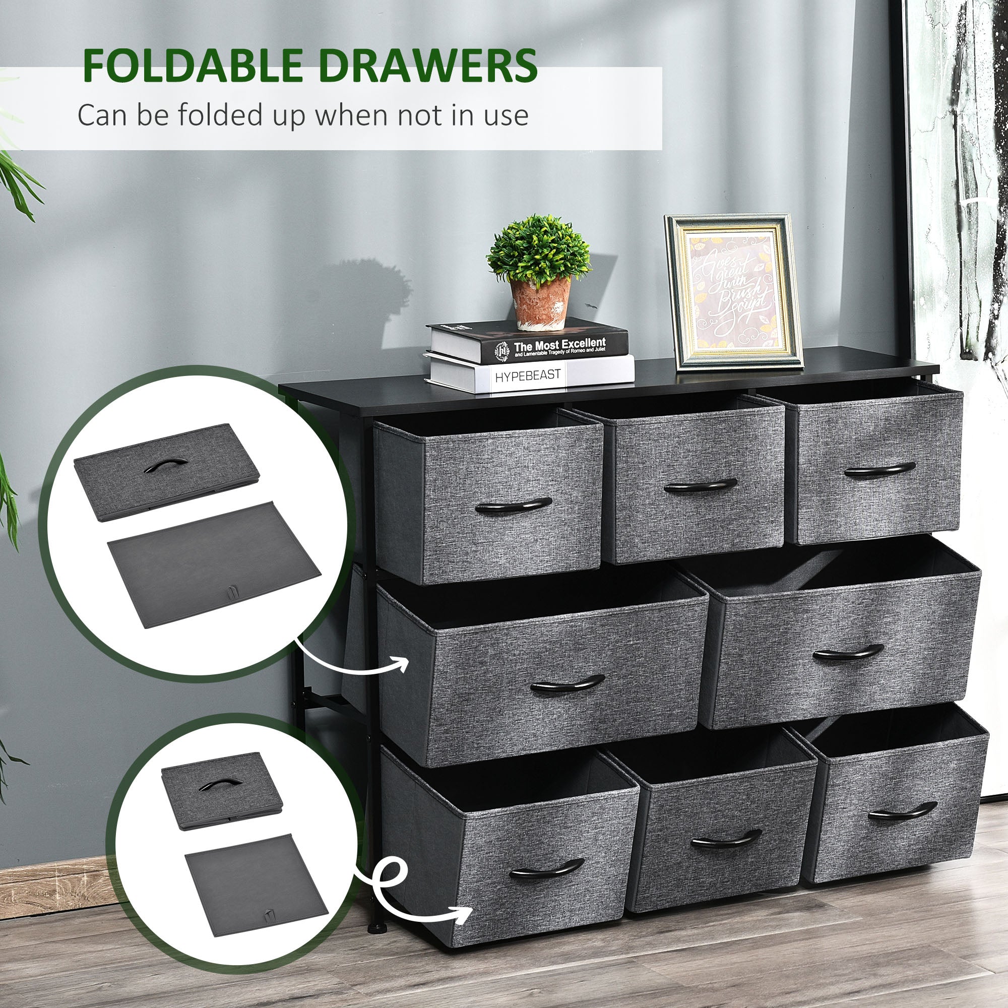 HOMCOM Chest of Drawers with 8 Foldable Drawers, 3-Tier Fabric Bedroom Dresser, Clothes Storage Unit for Bedroom Living Room, Dark Grey - North Peak Garden Furniture