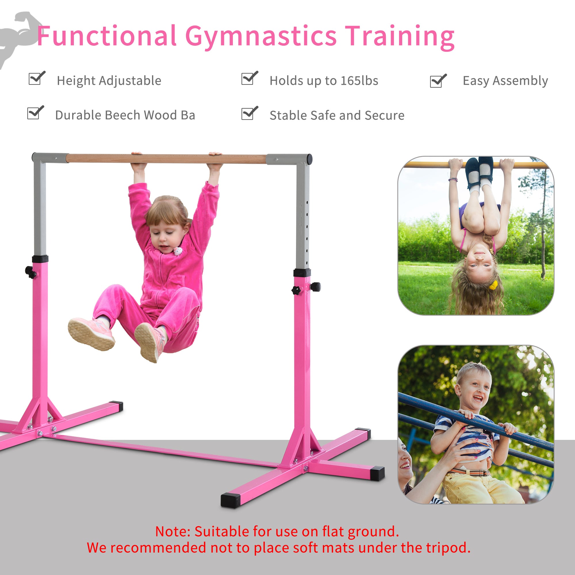 HOMCOM Height Adjustable Gymnastics Horizontal Bar For Kids Home Gym Training Children Junior Kip High Bar Fitness Pink - North Peak Garden Furniture