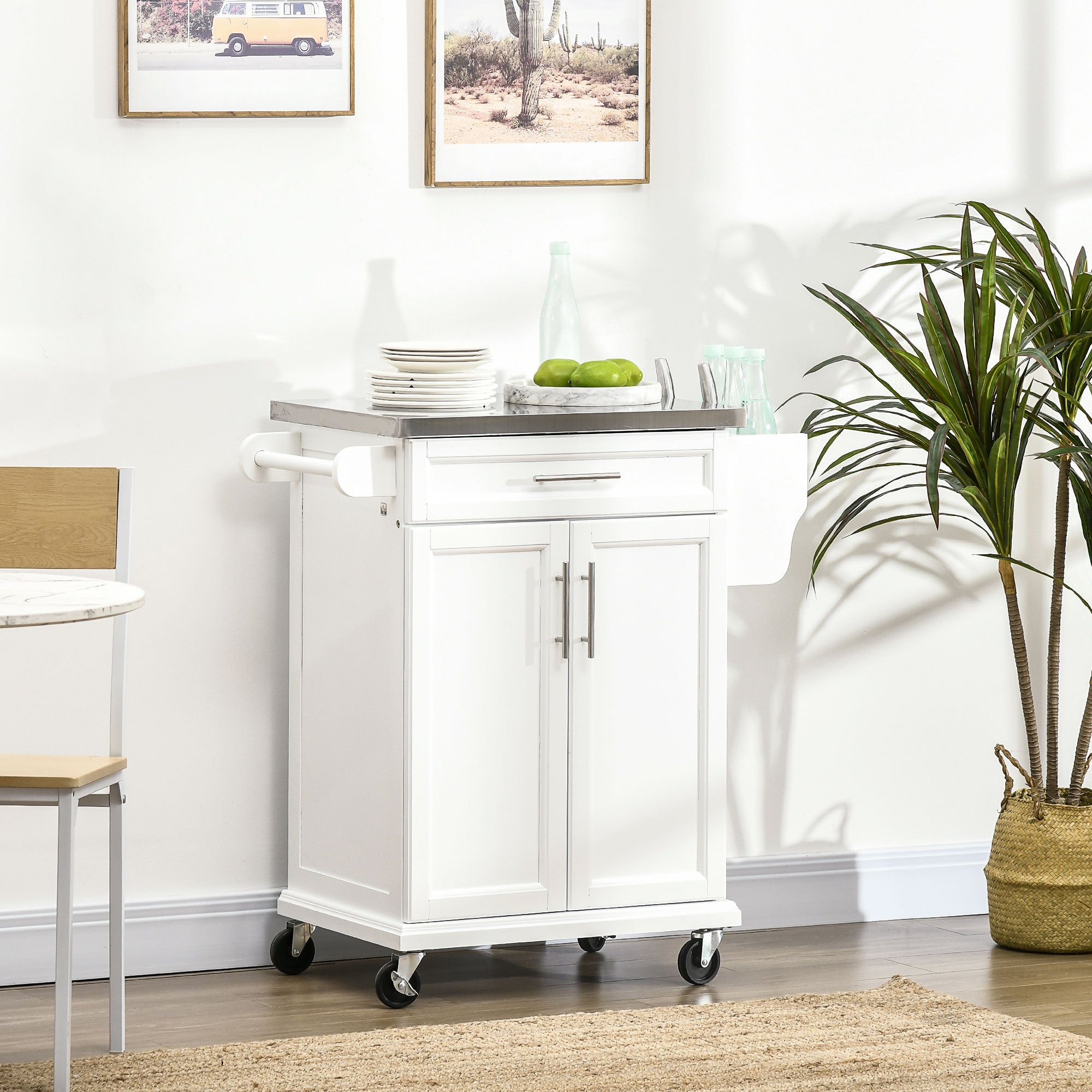 HOMCOM Wooden Kitchen Island on Wheels, Serving Cart Storage Trolley with Stainless Steel Top, Drawer, Side Handle and Rack, White - North Peak Garden Furniture