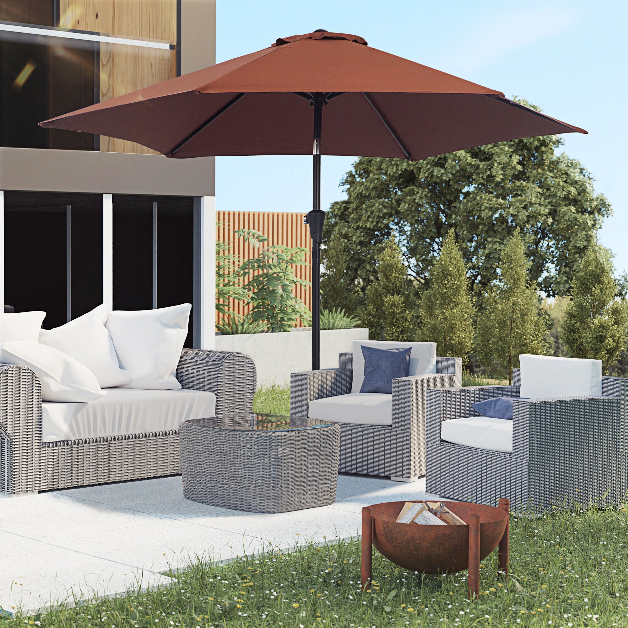 Outsunny 2.6M Garden Parasol Umbrella with Tilt and Crank, Outdoor Sun Parasol Sunshade Shelter with Aluminium Frame, Coffee - North Peak Garden Furniture