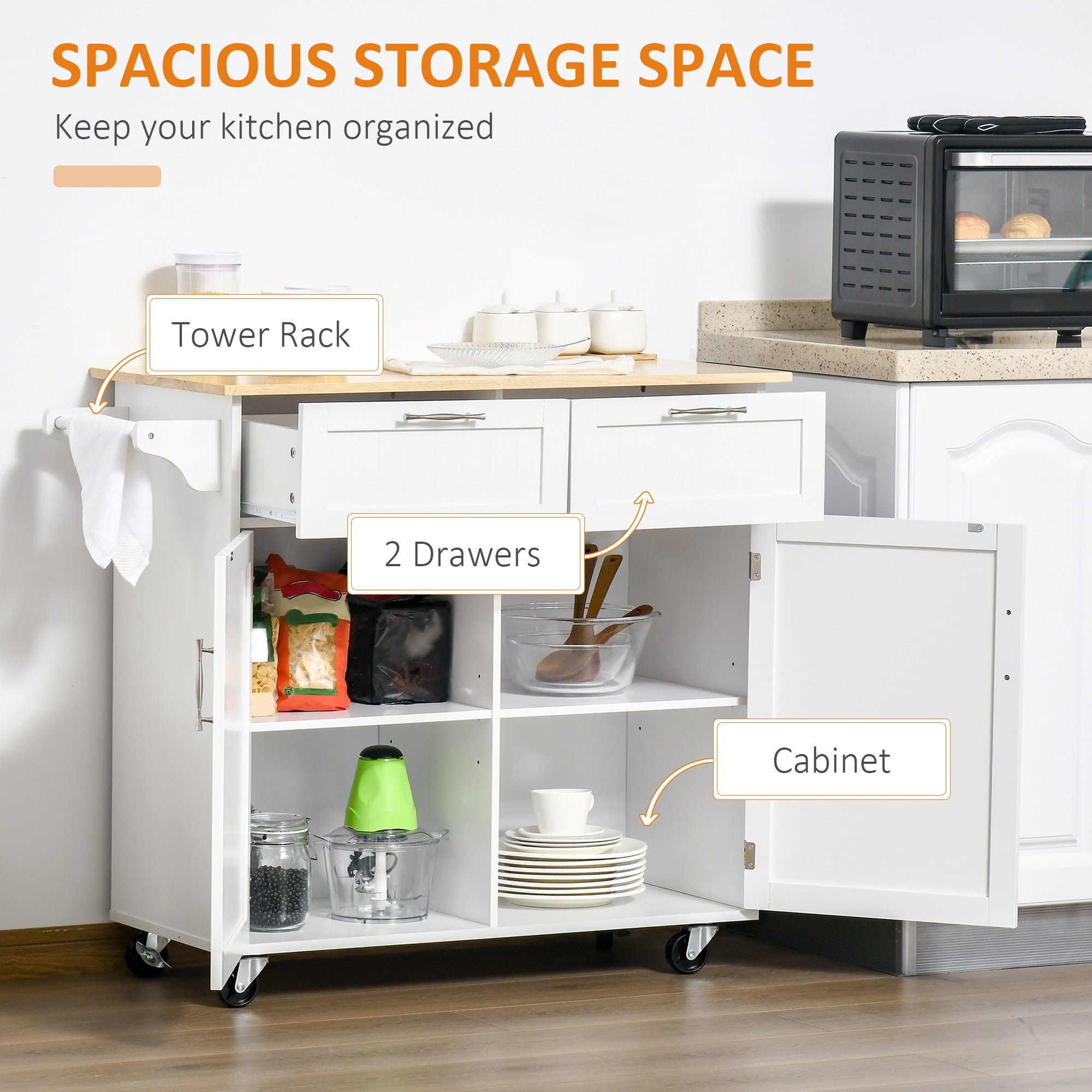 HOMCOM Modern Rolling Kitchen Island Storage Cart Utility Trolley with Rubberwood Top Two Drawers-White - North Peak Garden Furniture