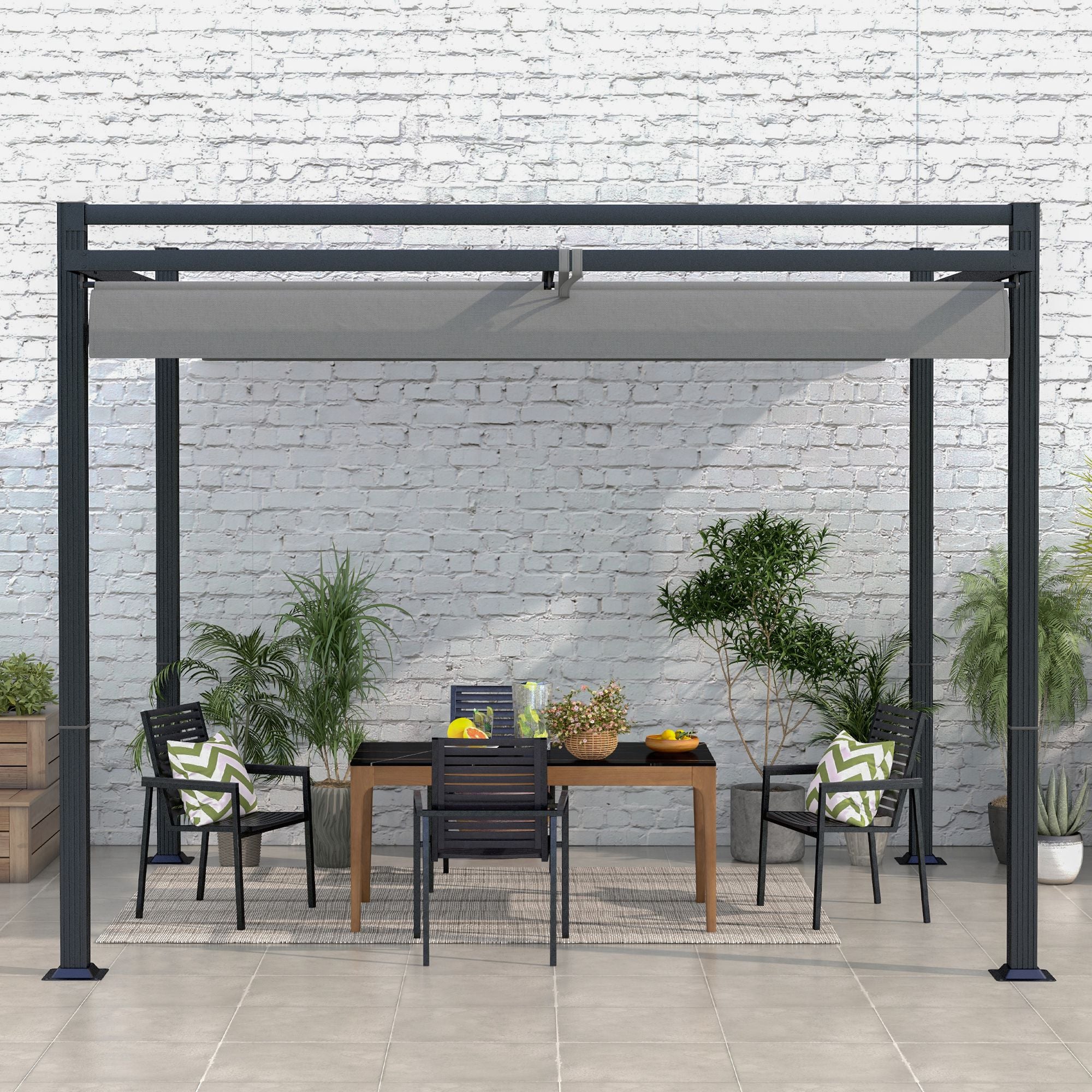 Outsunny 3 x 3(m) Retractable Pergola, Garden Gazebo Shelter with Aluminium Frame, for Grill, Patio, Deck, Dark Grey - North Peak Garden Furniture