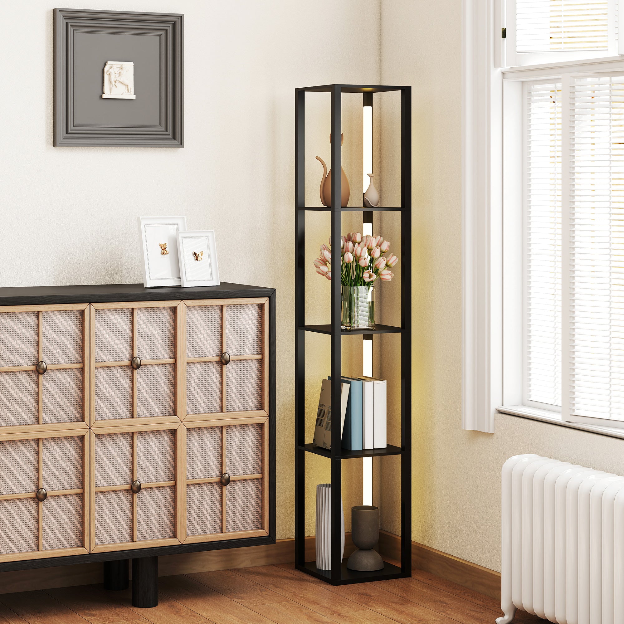 HOMCOM Floor Lamp with Shelves, 4 Layer Dimmable Column Modern Standing Lamp with 3 Brightness Levels and Foot Switch for Living Room, Bedroom, Office, Black - North Peak Garden Furniture
