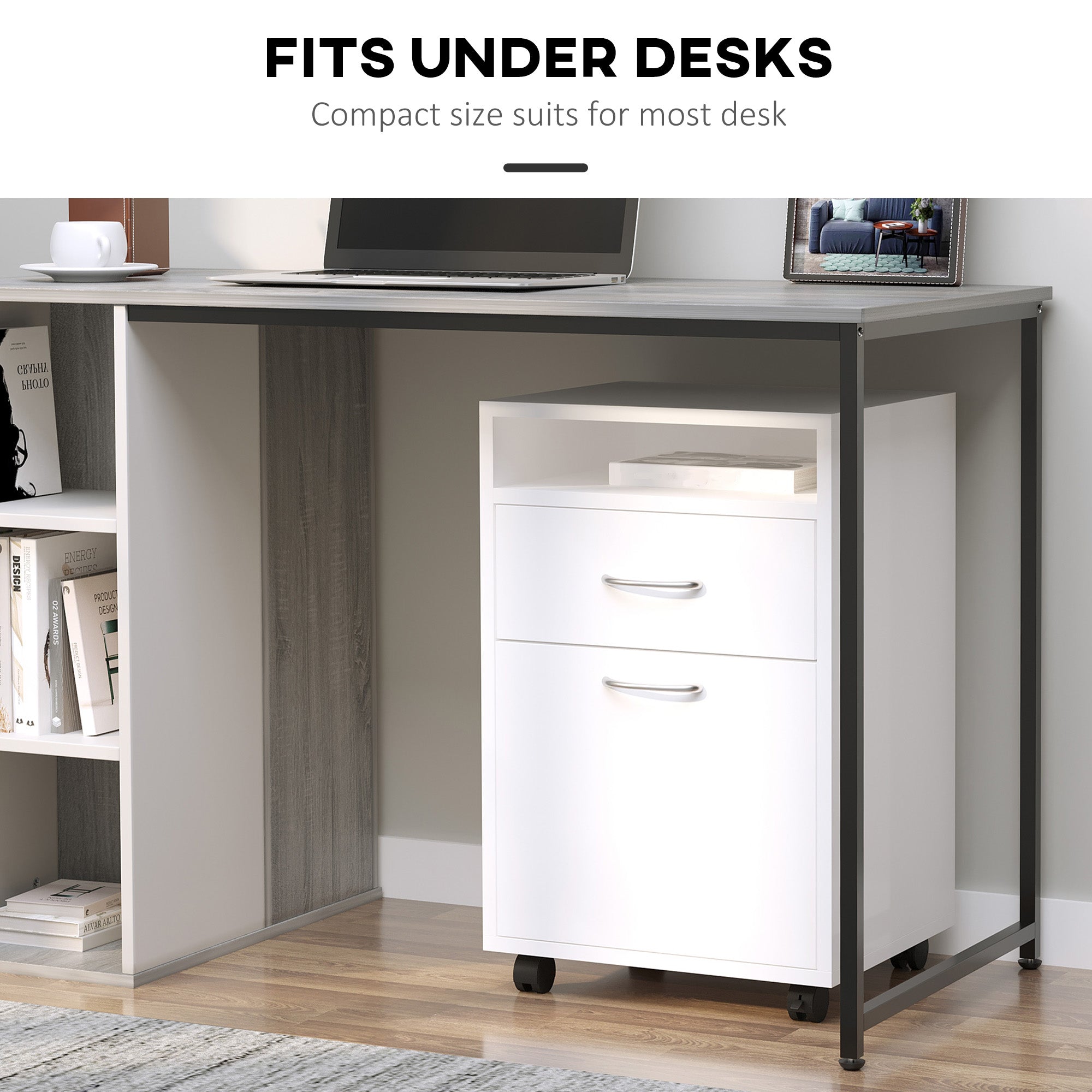 HOMCOM 60cm Storage Cabinet with Drawer, Open Shelf, Metal Handles and 4 Wheels, Office Home Organiser Mobile Printer, White - North Peak Garden Furniture
