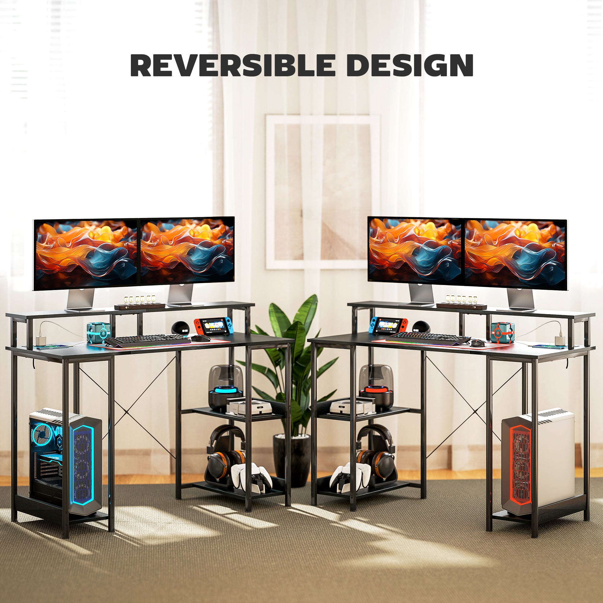 HOMCOM Computer Desk with Power Outlets and LED Lights, 120 x 50cm Reversible Home Office Desk with Monitor Stand and 2-Tier Storage Shelves, Gaming Desk with Cable Management, Black - North Peak Garden Furniture