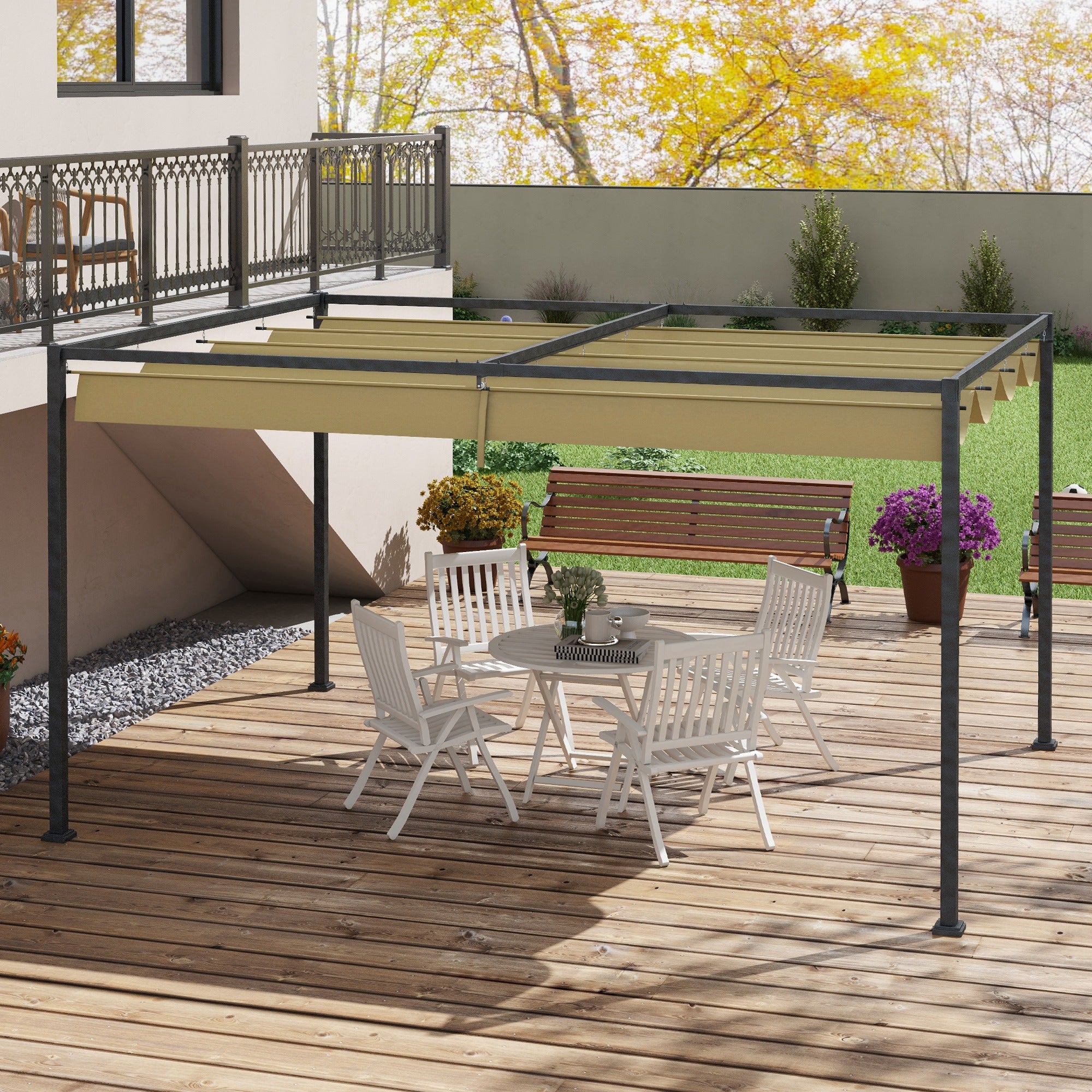 Outsunny 4 x 3(m) Metal Pergola with Retractable Roof, Garden Gazebo Canopy Shelter for Outdoor, Patio, Khaki - North Peak Garden Furniture