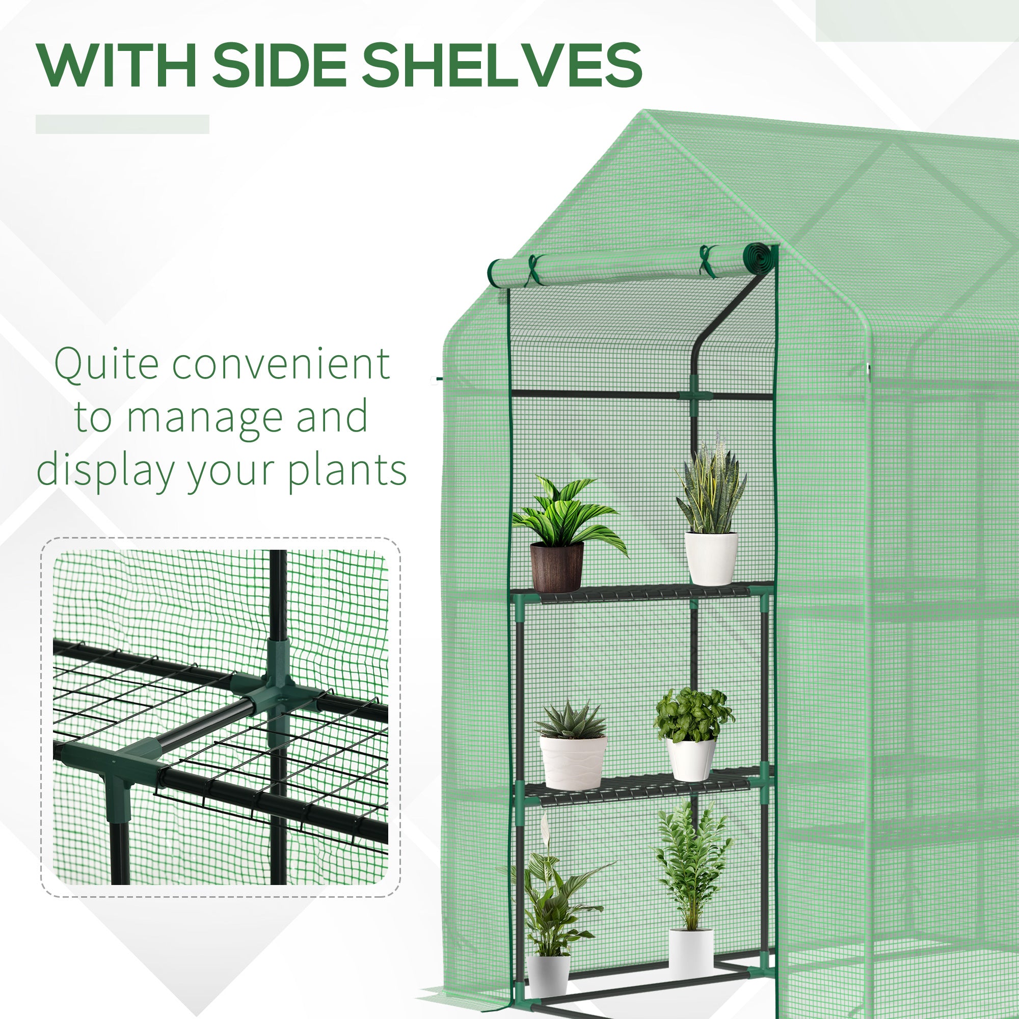 Outsunny Walk in Garden Greenhouse with Shelves Polytunnel Steeple Green house Grow House Removable Cover 143x138x190cm, Green - North Peak Garden Furniture