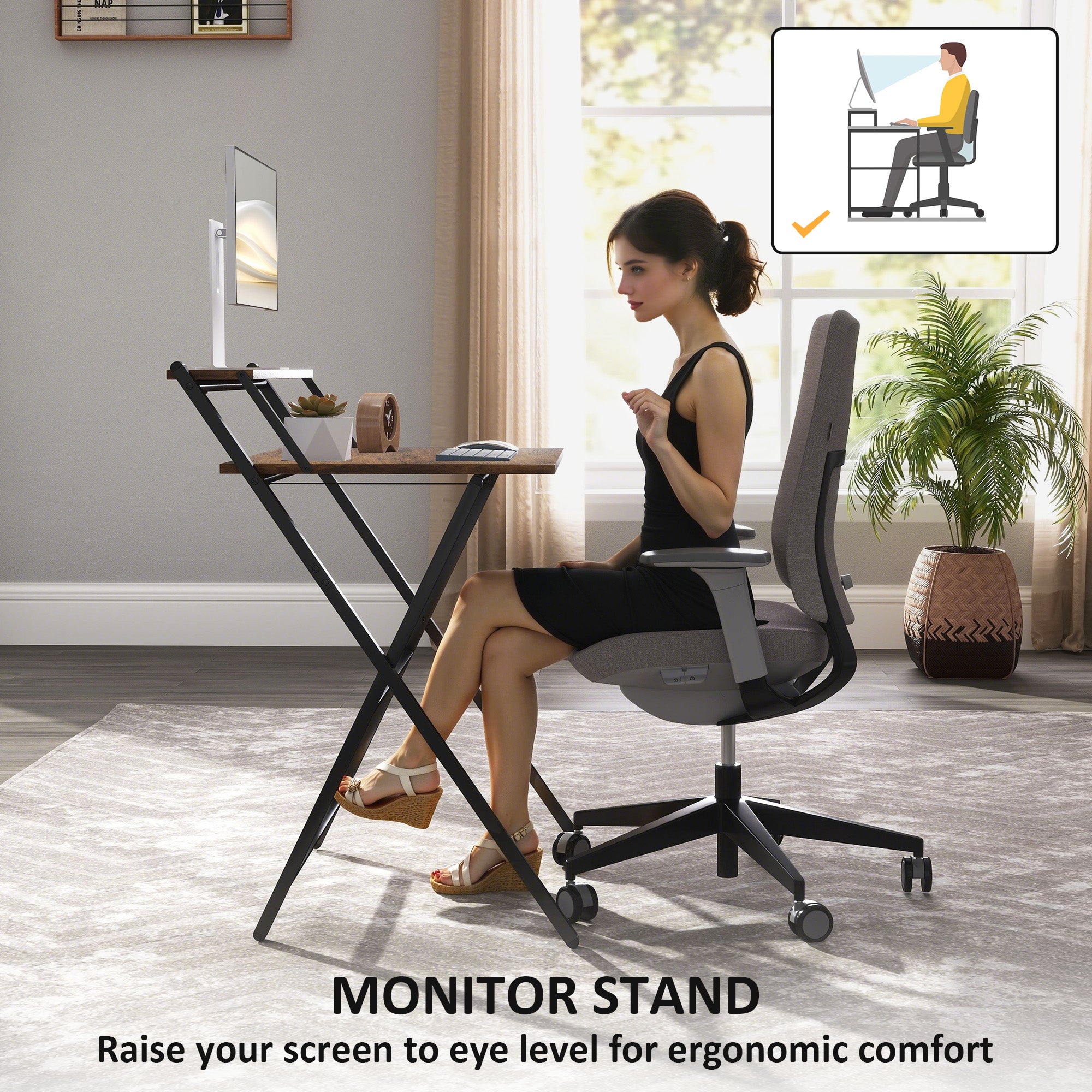 HOMCOM 70 cm Folding Computer Desk with Monitor Shelf - Rustic Brown - North Peak Garden Furniture