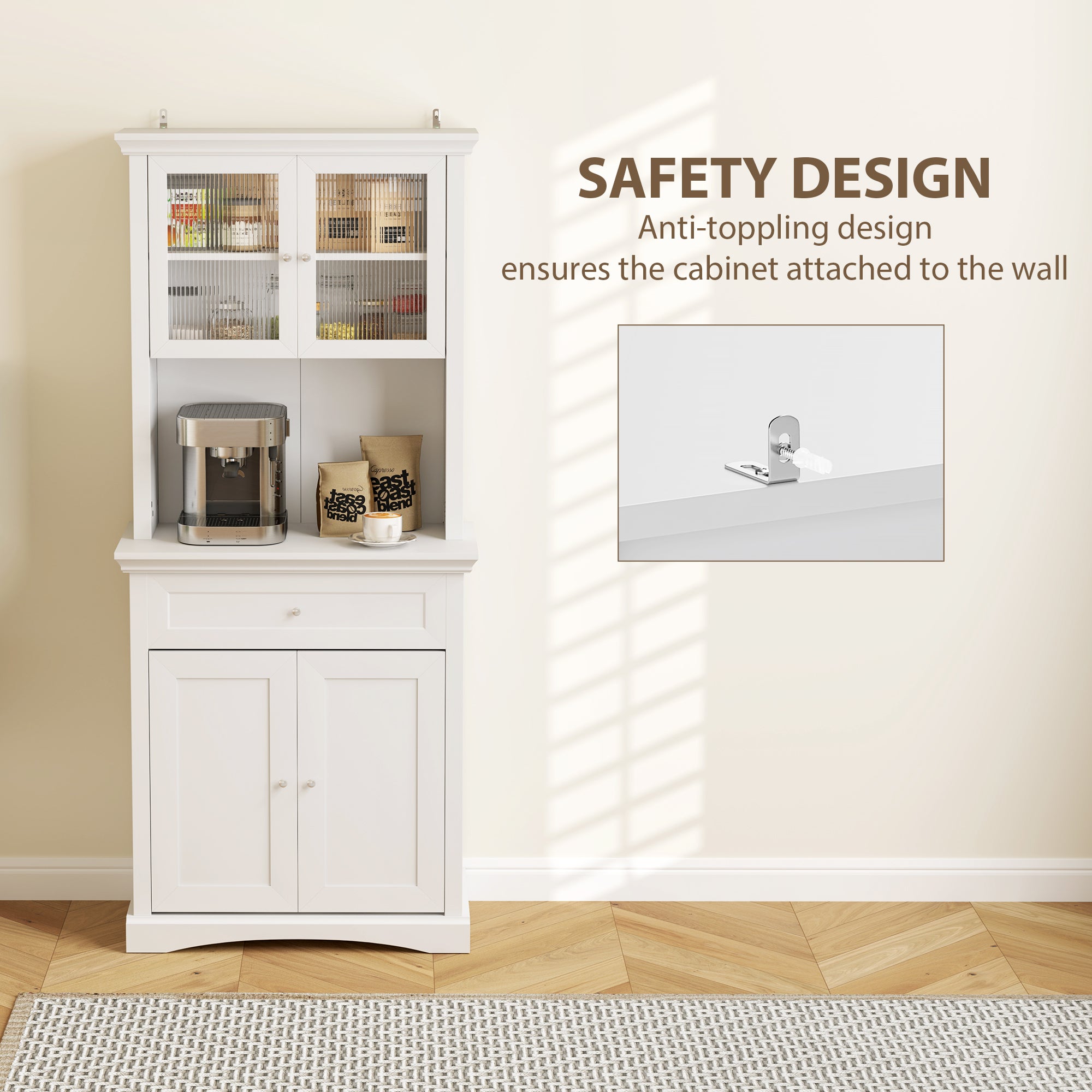 HOMCOM 4-Door Kitchen Cupboard with Drawer, Freestanding Kitchen Cabinet with Glass Doors, Adjustable Shelves and Open Counter, White - North Peak Garden Furniture