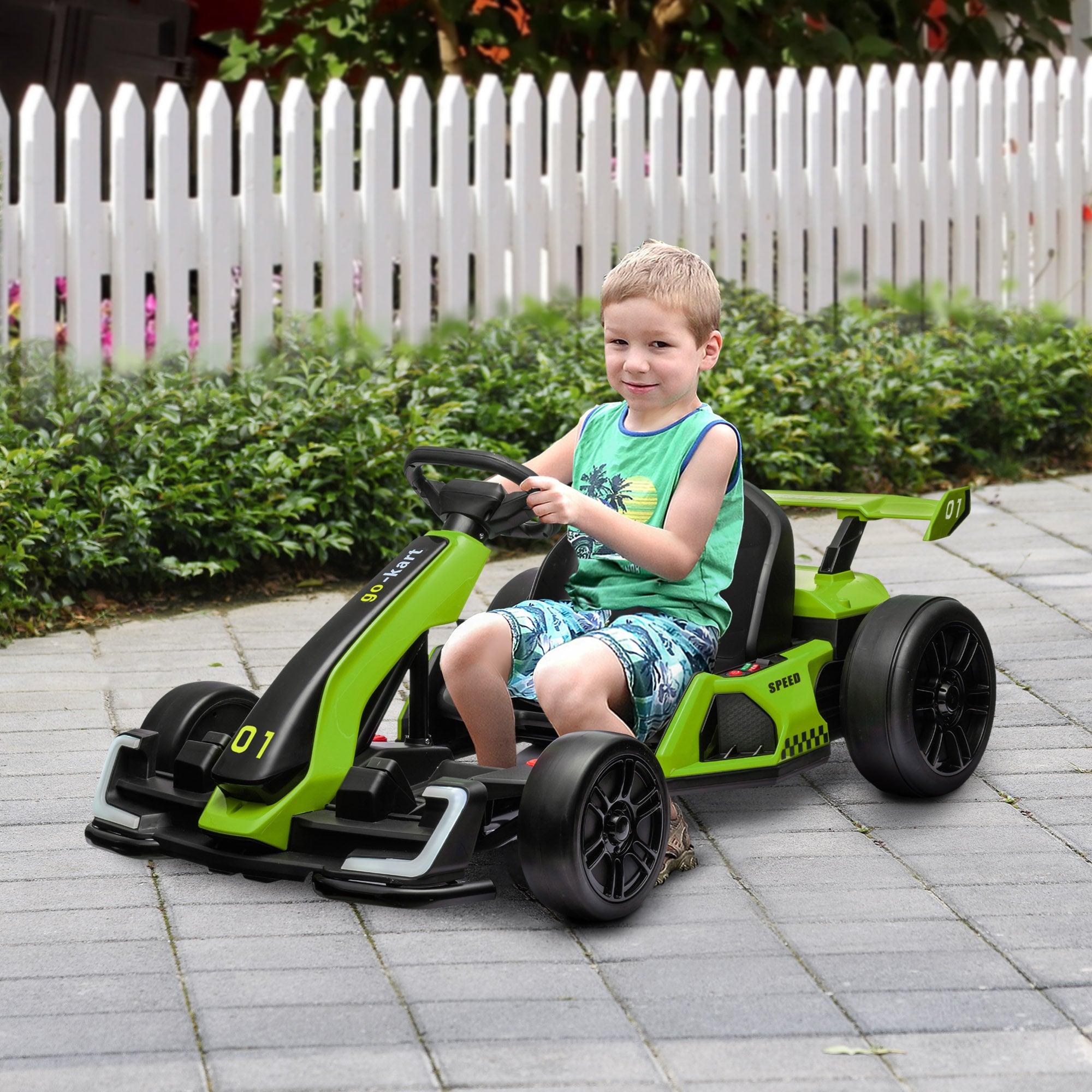HOMCOM 24V Electric Go Kart for Kids with Adjustable Seat for 6-12 Years, Green - North Peak Garden Furniture