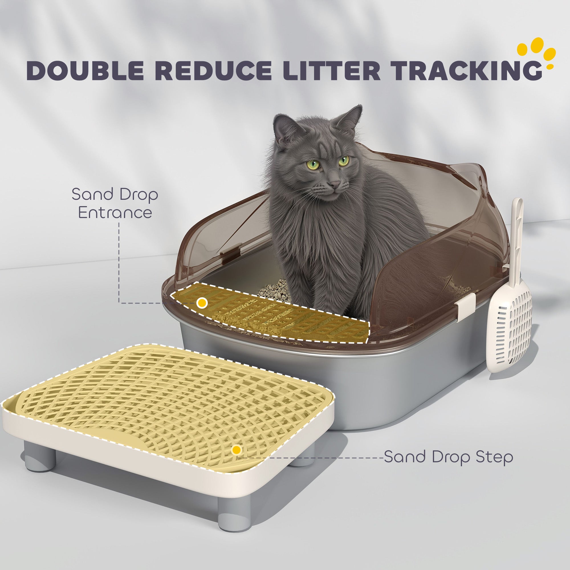PawHut Stainless Steel Litter Box with Lid, High Wall Sided Enclosure, Pedal, Scoop, Non-Sticky, Anti-Leakage, Easy Cleaning - North Peak Garden Furniture