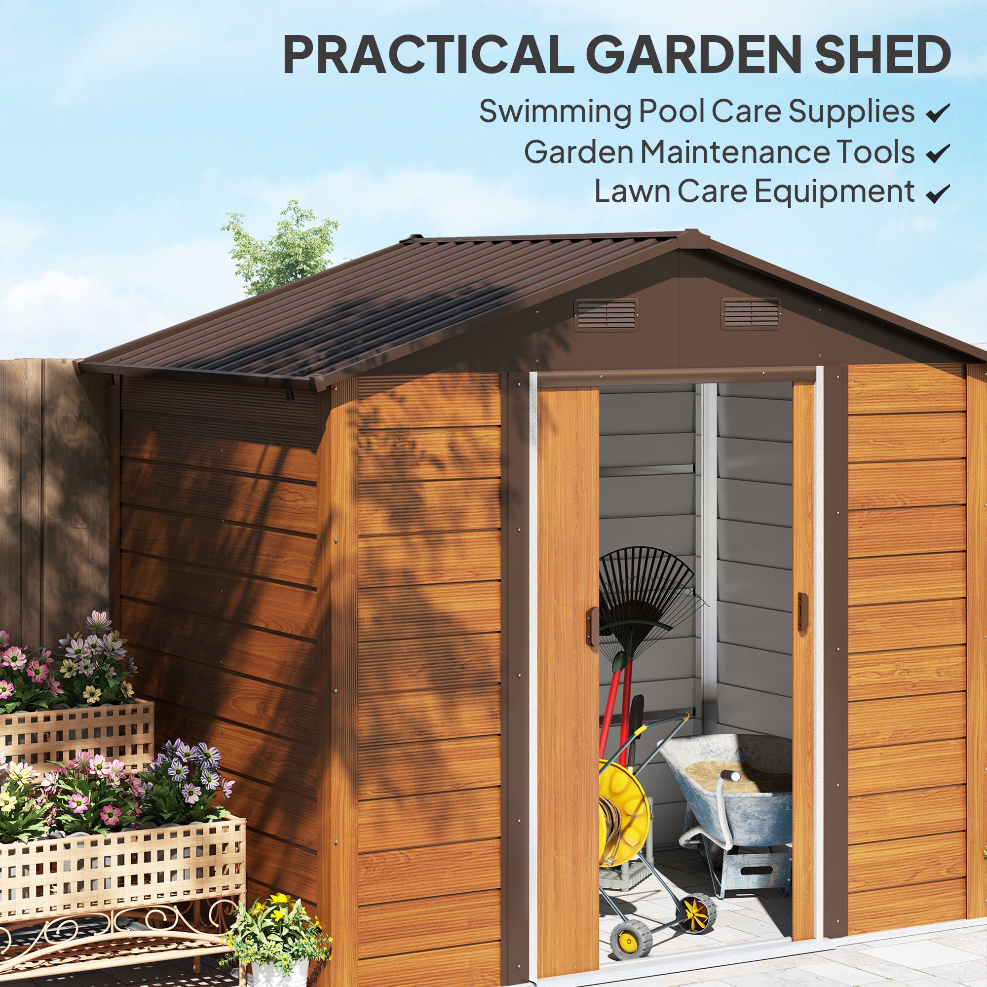 Outsunny 6 x 8ft Galvanised Steel Shed - Brown Wood-Effect - North Peak Garden Furniture