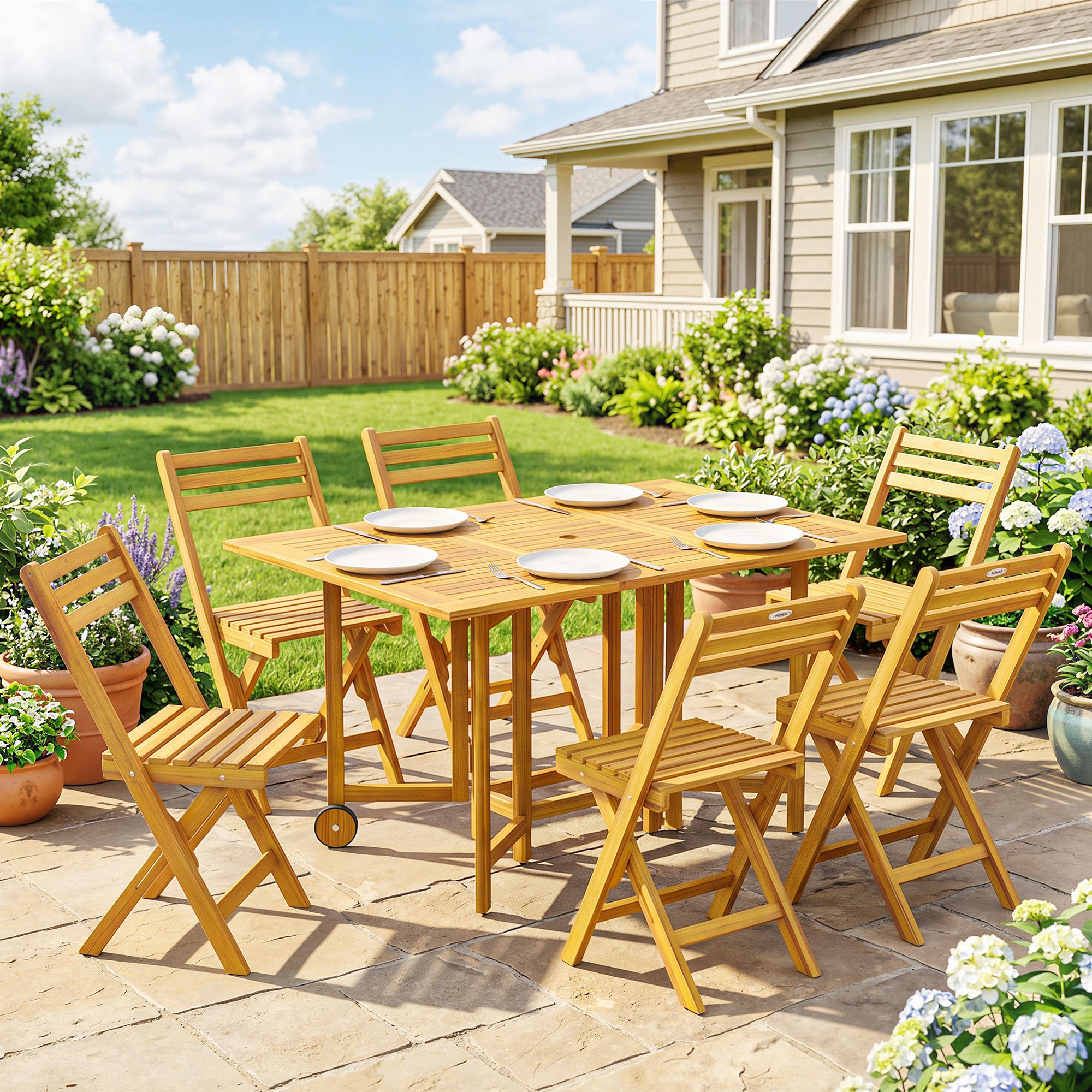 Outsunny 7 Pieces Garden Dining Set, Extending Dining Table and 6 Folding Chairs with Umbrella Hole for Patio, Natural Wood