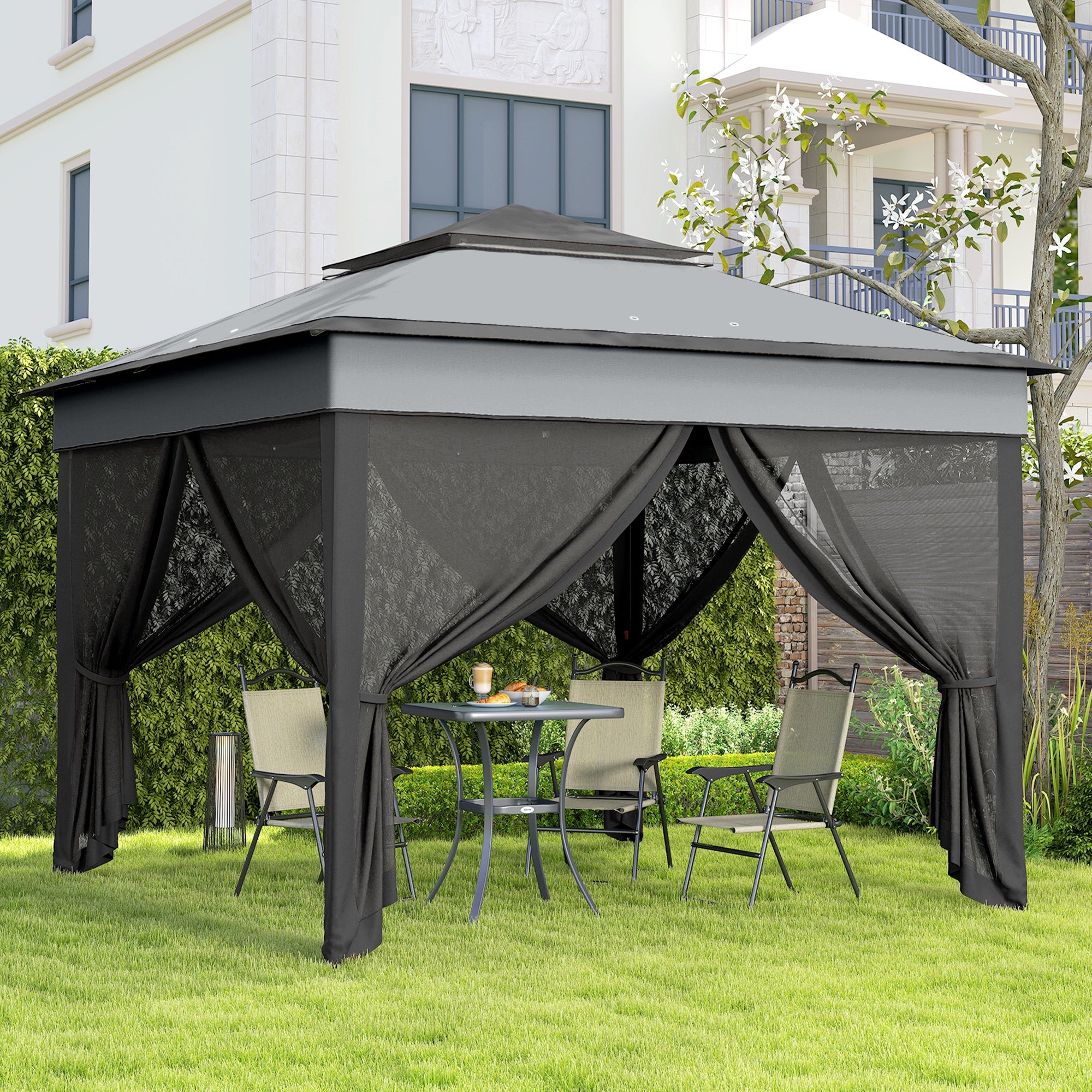 Outsunny 3 x 3(m) Pop Up Gazebo, Height Adjustable Instant Event Shelter with Netting and Carrying Bag, Grey - North Peak Garden Furniture