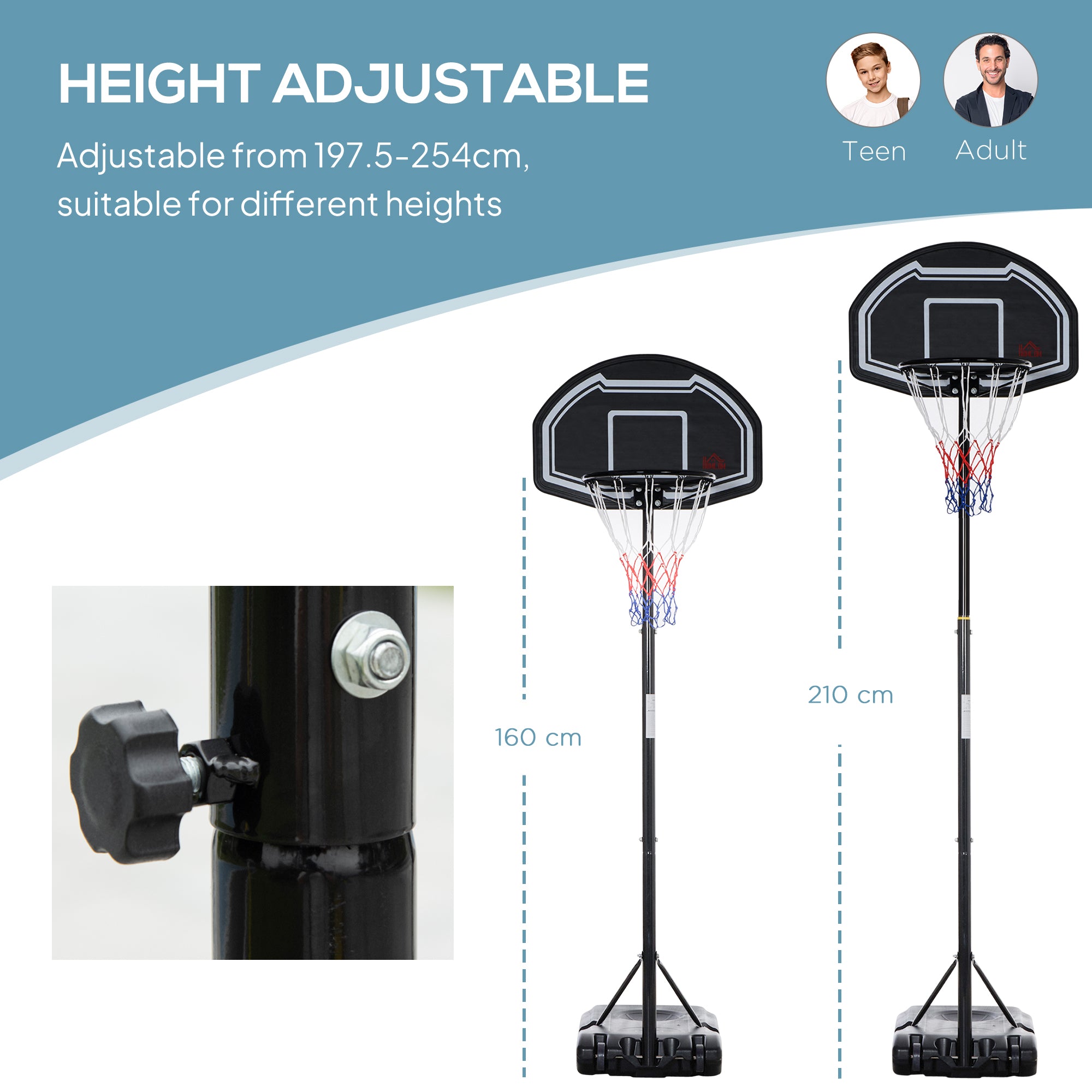 HOMCOM Adjustable Basketball Hoop and Stand, with Wheels and Weight Base Black - North Peak Garden Furniture