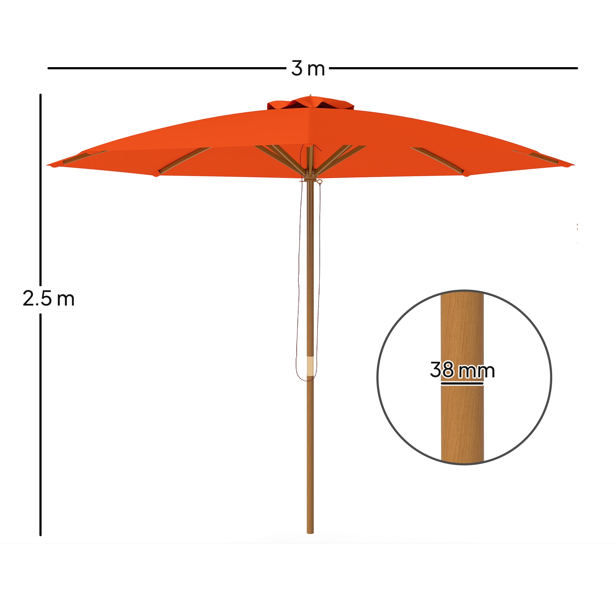 Outsunny 3m Wood Pole Parasol Umbrella - Orange - North Peak Garden Furniture