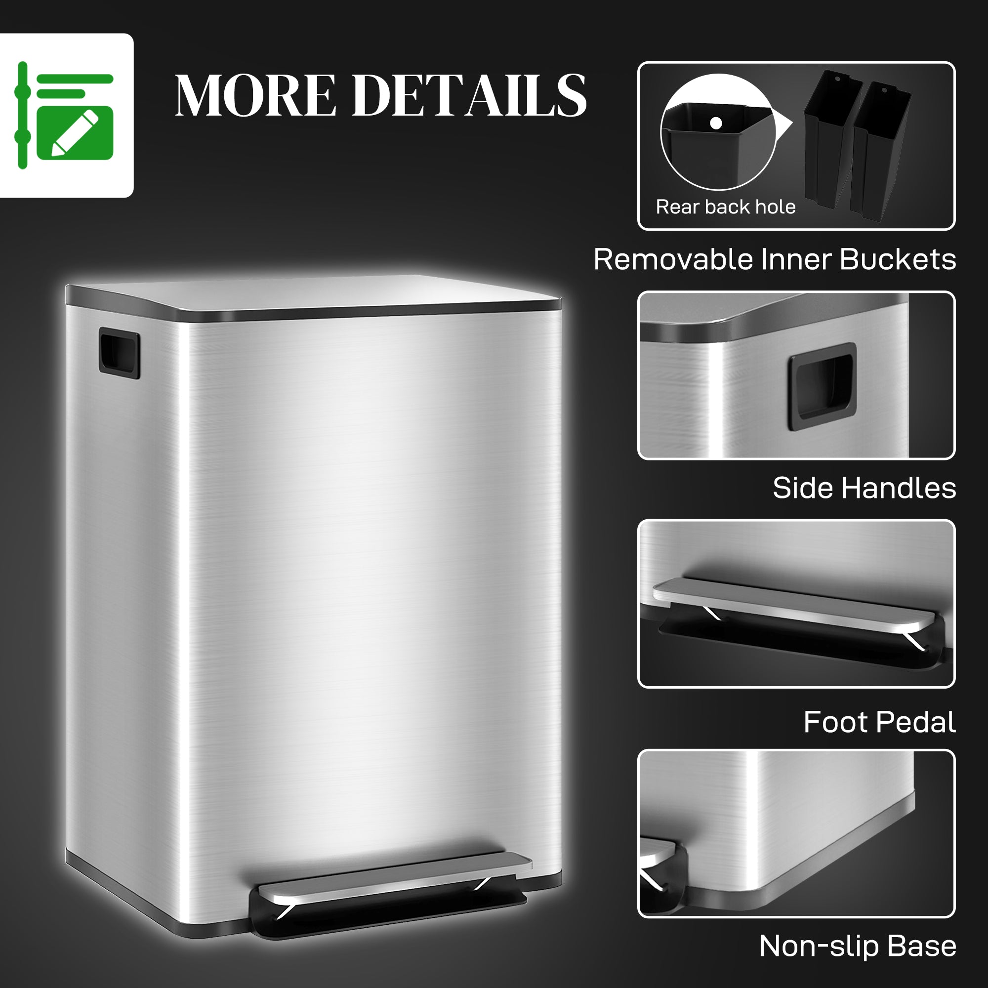 HOMCOM 60L Dual Compartment Stainless Steel Bin, with Deodoriser Holders - Silver Tone - North Peak Garden Furniture