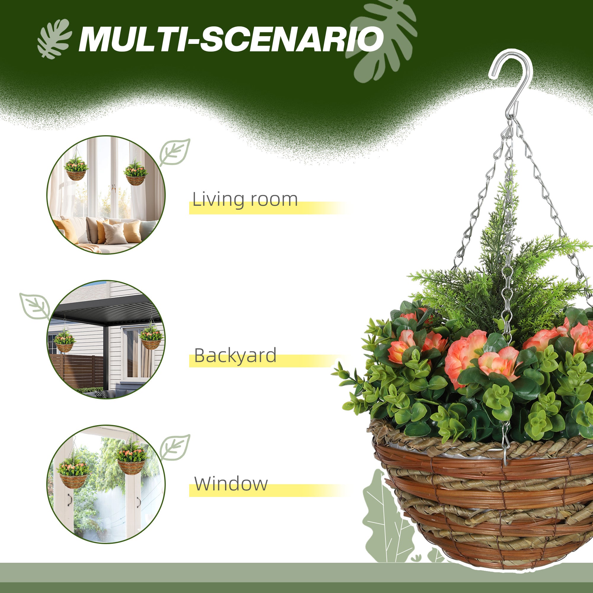 Outsunny Pack of 2 Faux Plant Artificial Lisianthus Flowers Hanging Planter with Basket for Indoor Outdoor Decoration, Orange - North Peak Garden Furniture