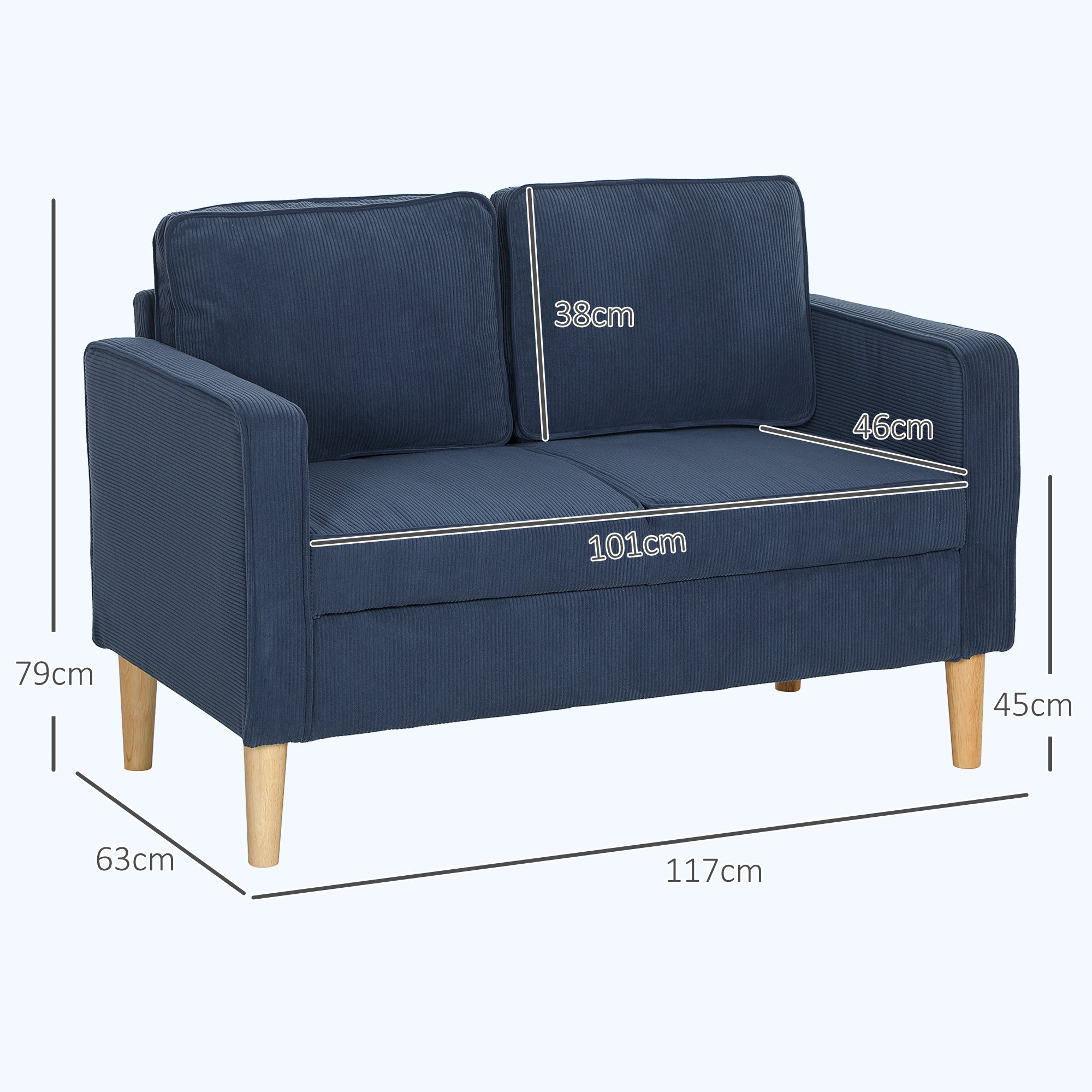 HOMCOM Small Two-Seater Corduroy Sofa - Blue - North Peak Garden Furniture