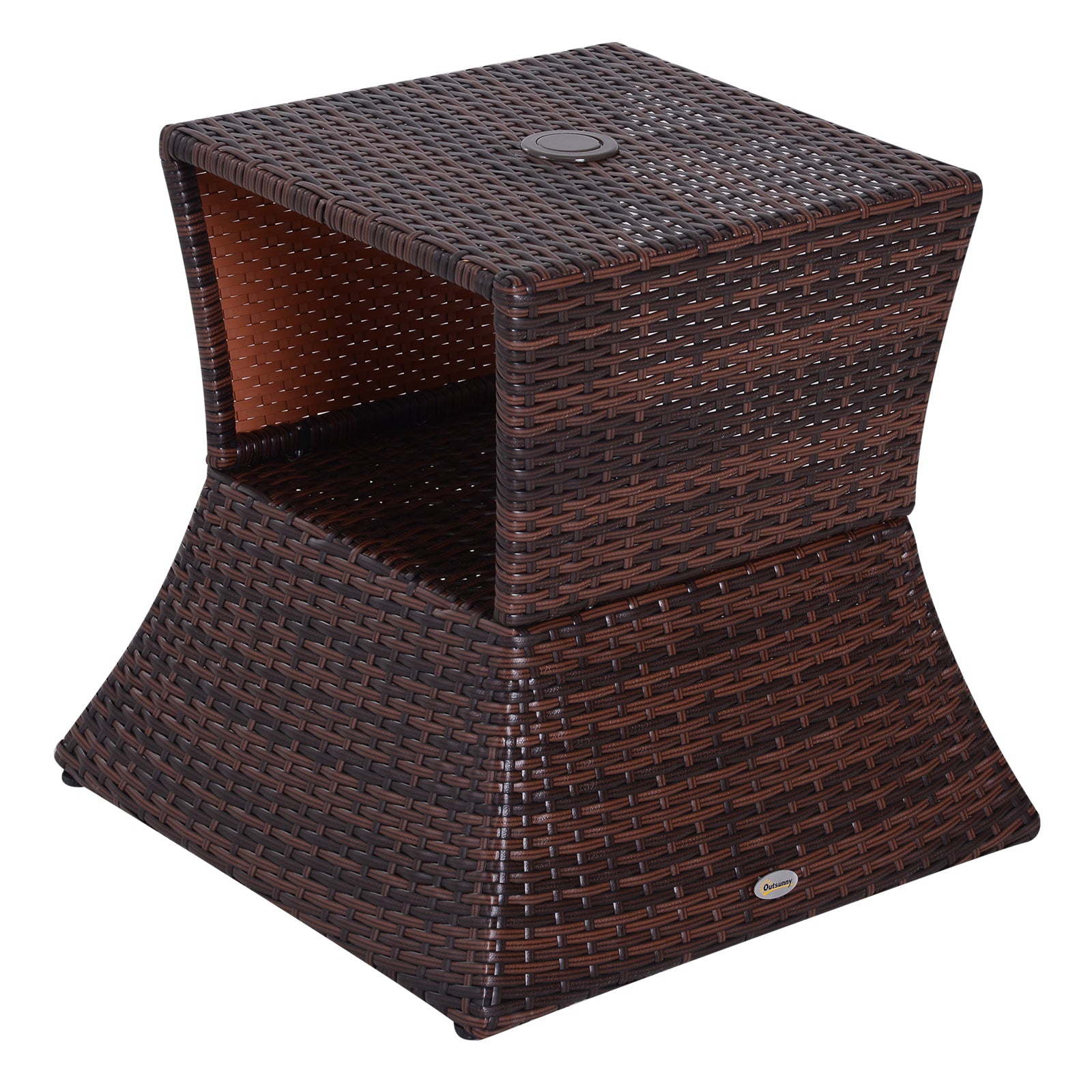 Outsunny Outdoor Patio Rattan Wicker Coffee Table Bistro Side Table w/ Umbrella Hole and Storage Space, Brown - North Peak Garden Furniture