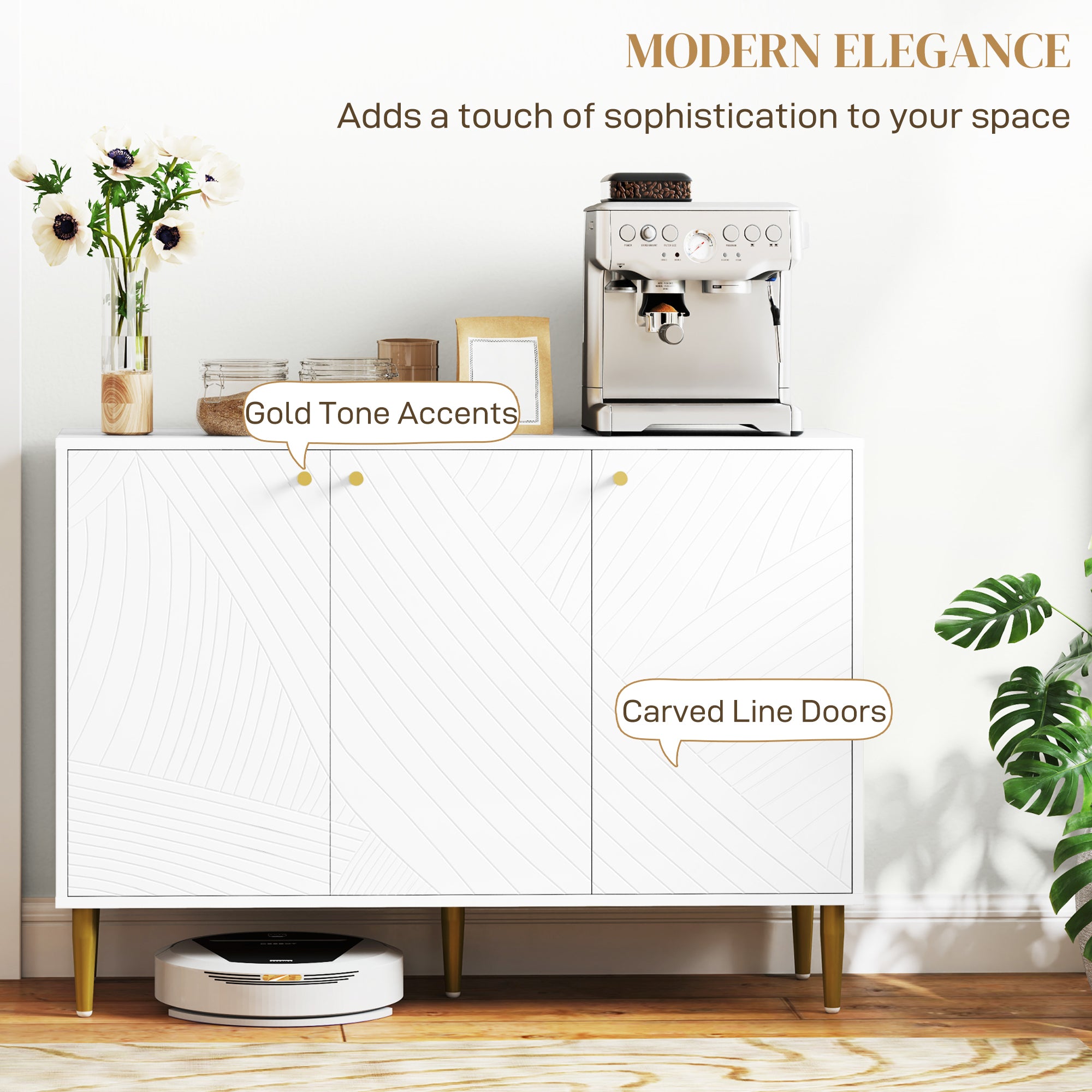 HOMCOM Elegant Two-Cupboard Sideboard - White/Gold-Tone - North Peak Garden Furniture