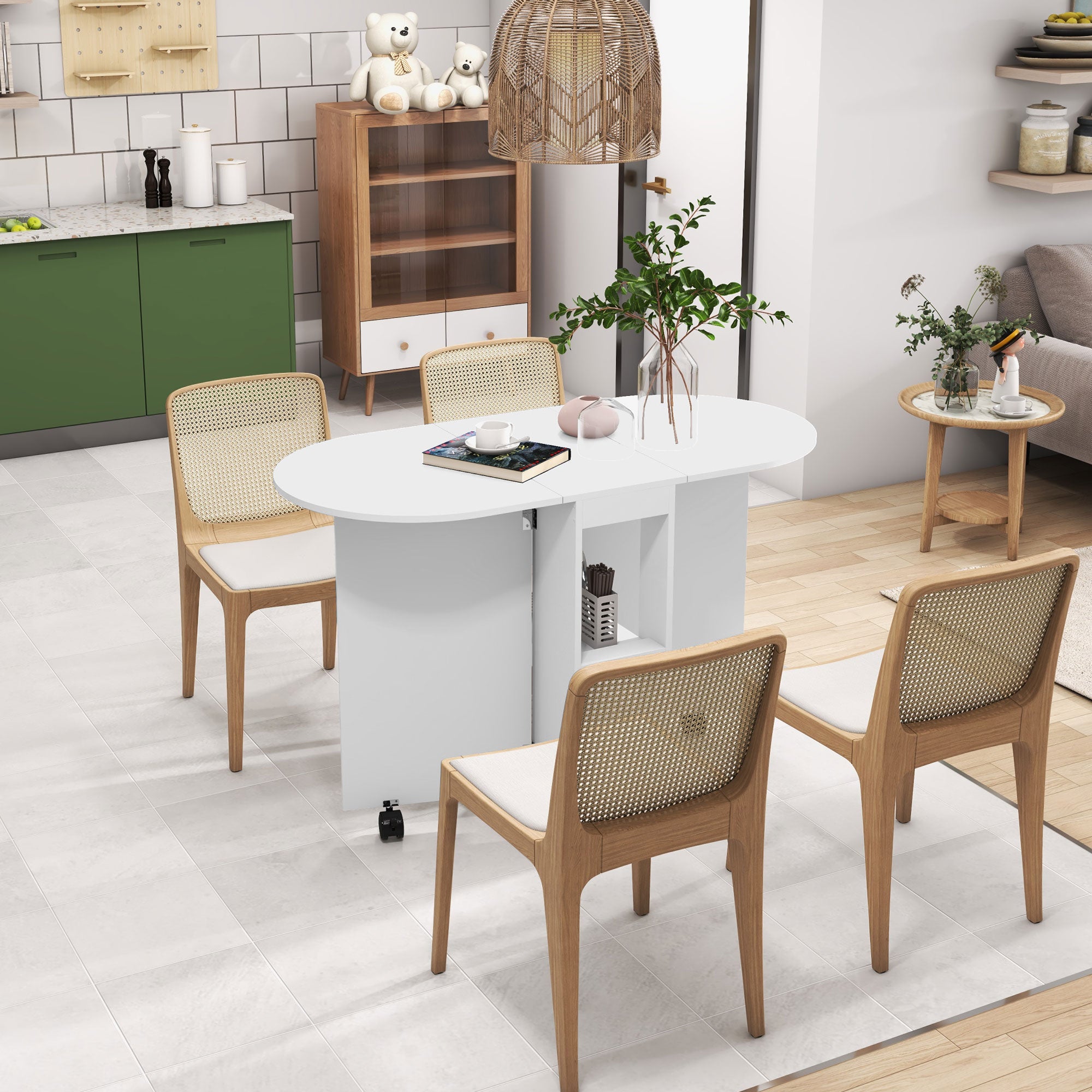 HOMCOM Four-Person Drop Leaf Dining Table, with Wheels - White - North Peak Garden Furniture