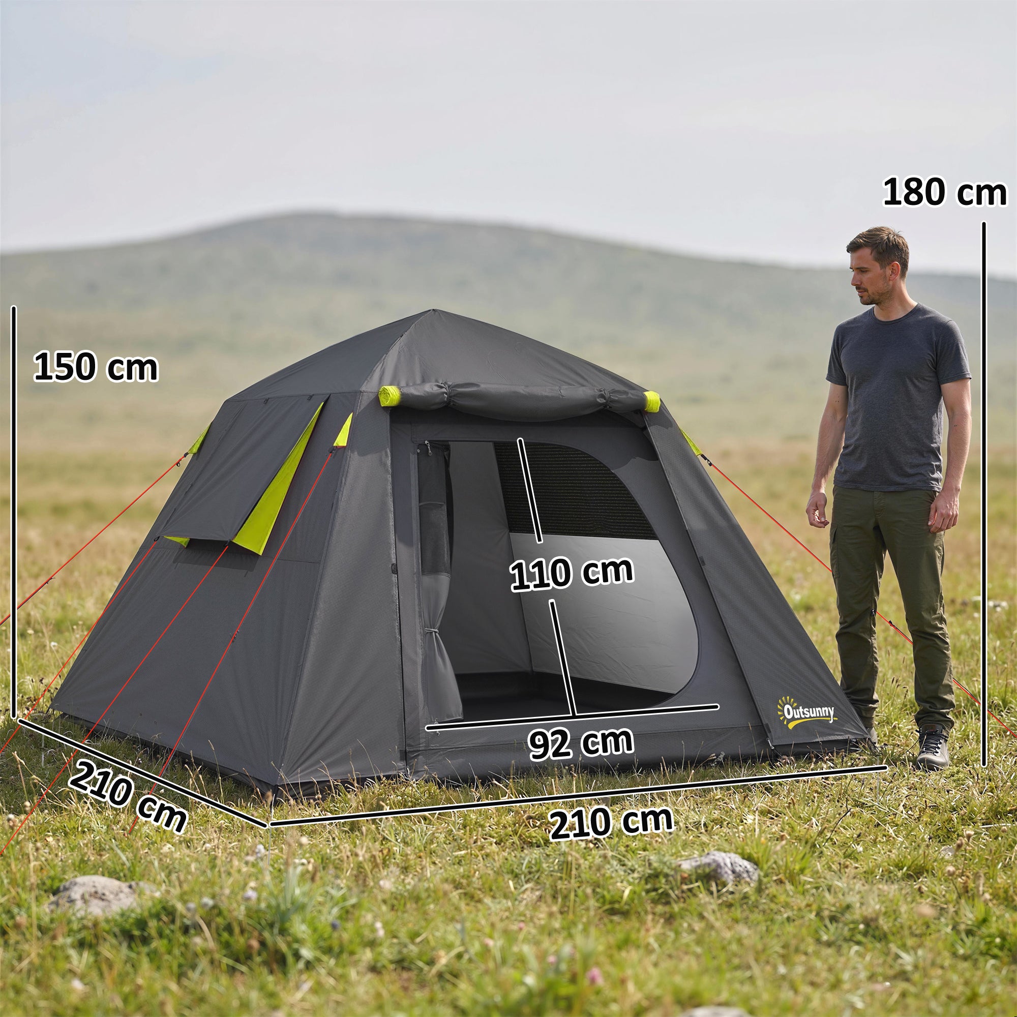 Outsunny Camping Tent 3000mm Waterproof Tent with 2 Doors for 2 Person, Grey & Green