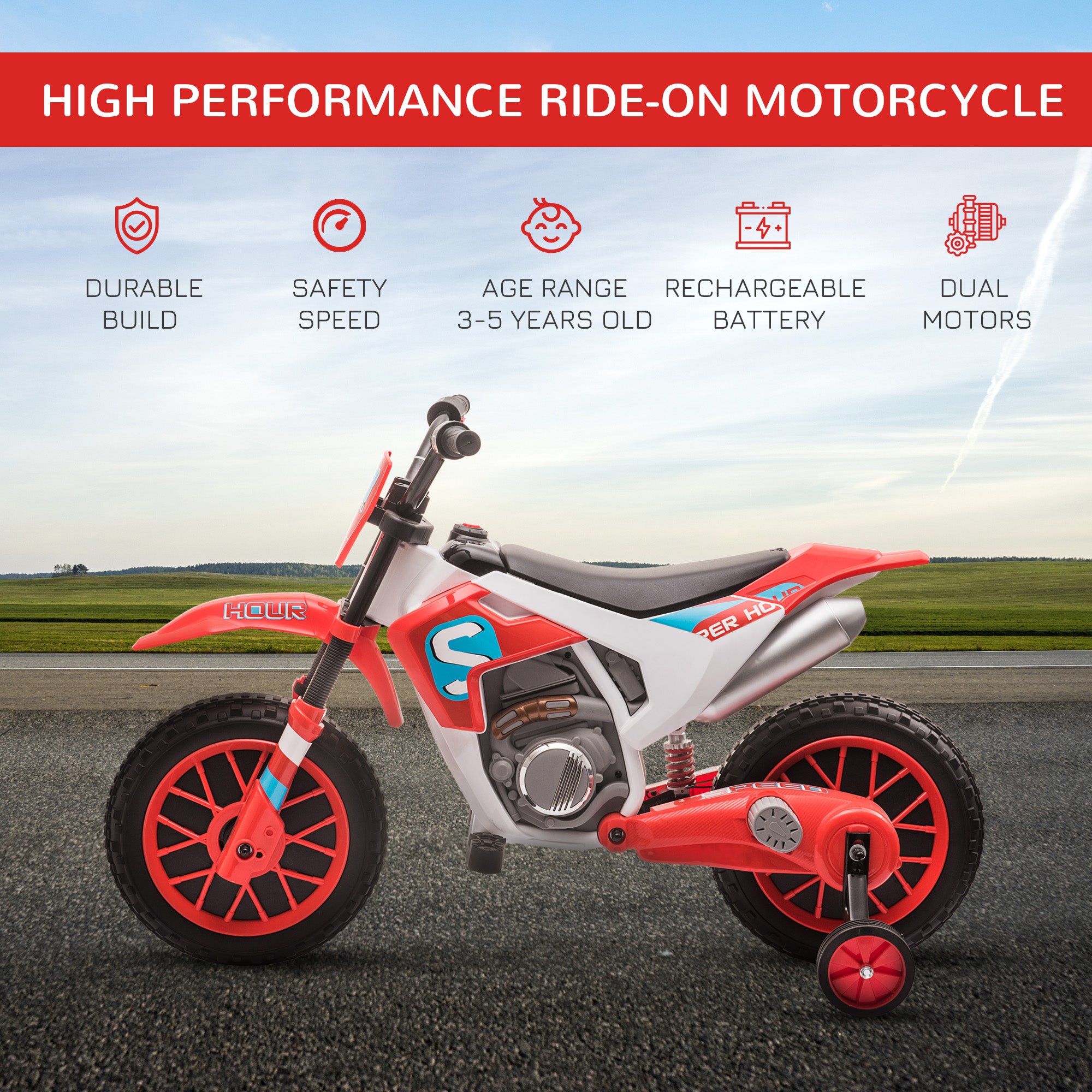 HOMCOM 12V Kids Electric Motorcycle Ride-On, with Training Wheels, for Ages 3-6 Years - Red - North Peak Garden Furniture
