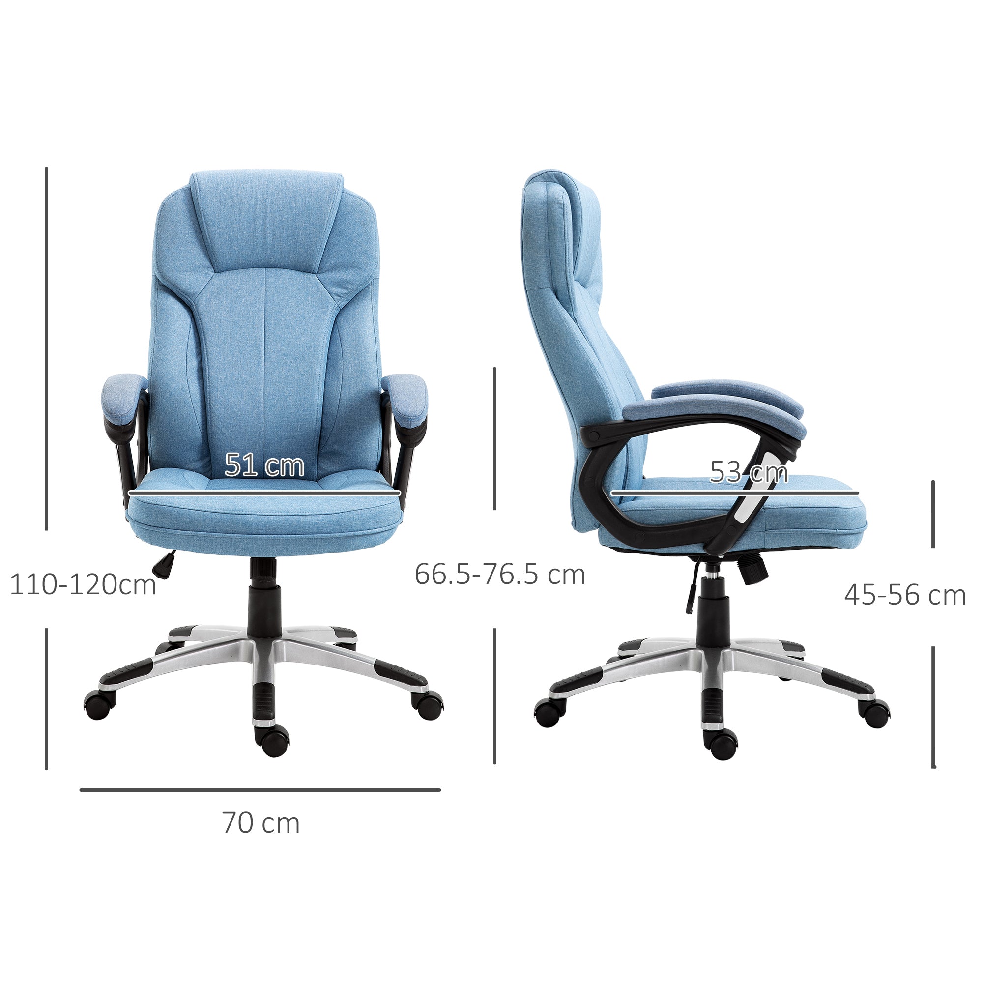 Vinsetto Office Chair, Linen Fabric Desk Chair, Height Adjustable Computer Chair with Padded Armrests, Swivel Wheels and Tilt Function, Blue - North Peak Garden Furniture