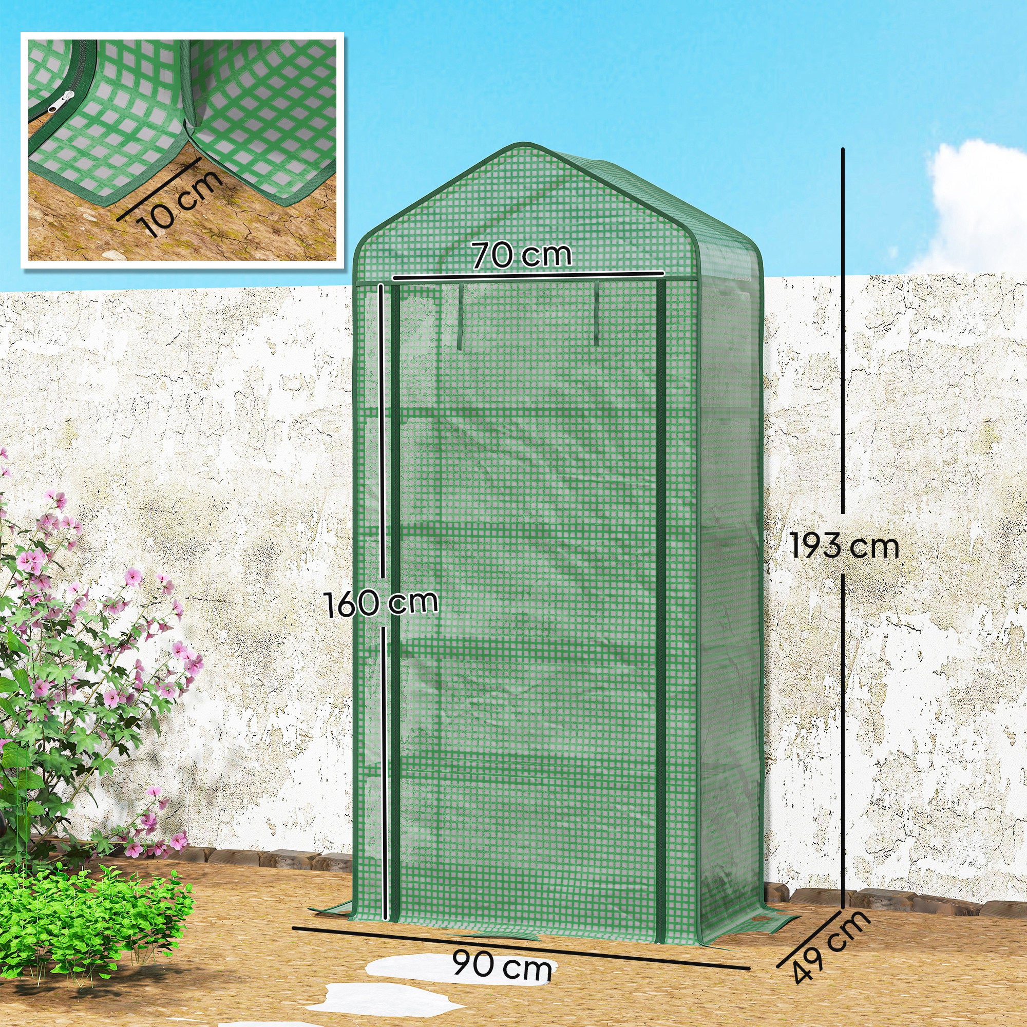 Outsunny 5 Tier Widened Mini Greenhouse with Reinforced PE Cover, Portable Indoor Outdoor Green House with Roll-up Door and Wire Shelves, 193H x 90W x 49Dcm, Green