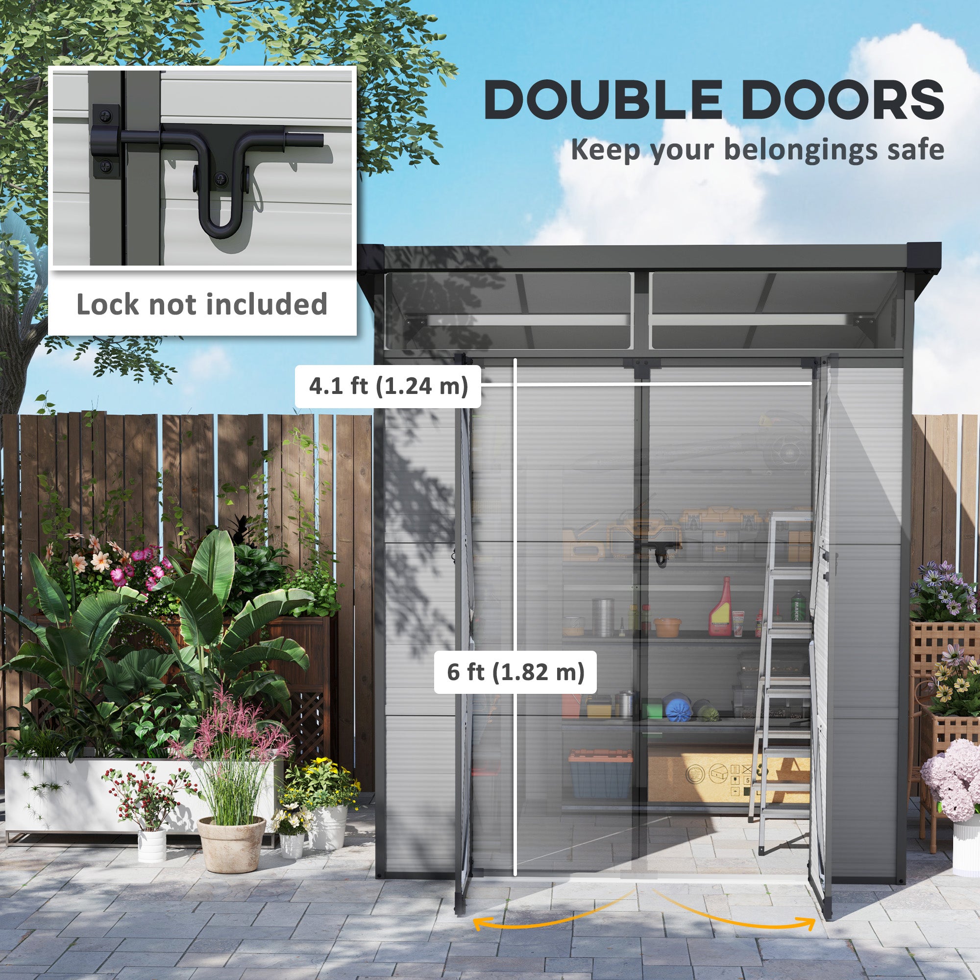 Outsunny 6 x 6ft Outdoor Storage Shed, Plastic Garden Shed with Windows and Air Vents, Outdoor Resin Tool Shed with Latch Doors for Garden, Deck, Light Grey - North Peak Garden Furniture