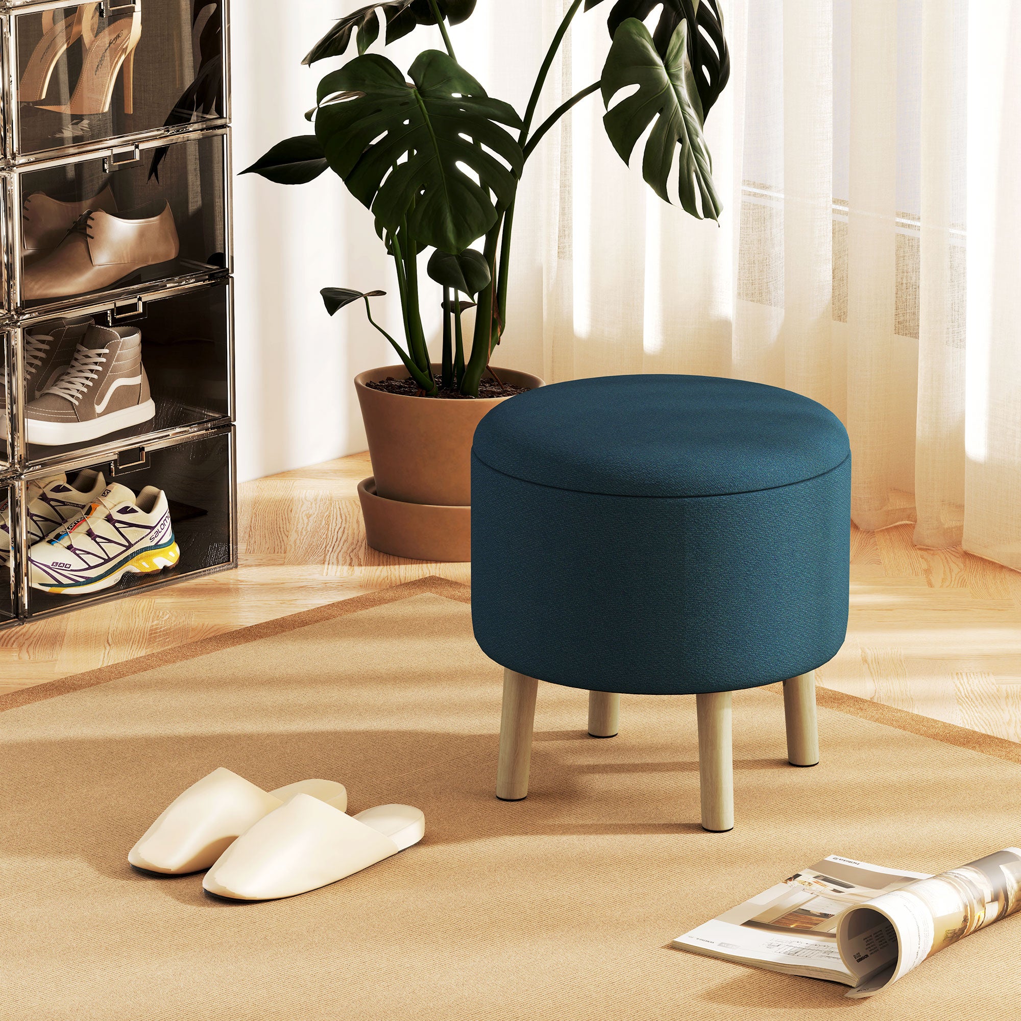 HOMCOM Round Linen-Look Storage Ottoman - Blue - North Peak Garden Furniture