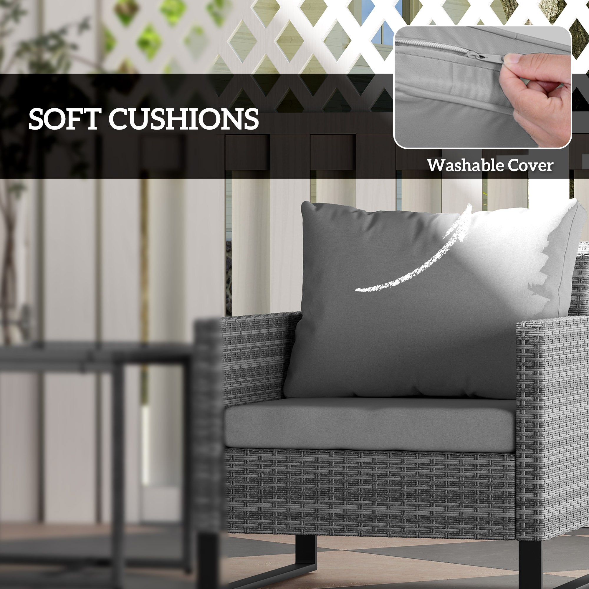 Outsunny 3 Pieces Rattan Bistro Set with 4 Cushions, Wicker Garden Furniture Set, Glass Top Coffee Table and Chairs for Outdoor Patio, Balcony, Terrace and Conservatory, Grey - North Peak Garden Furniture