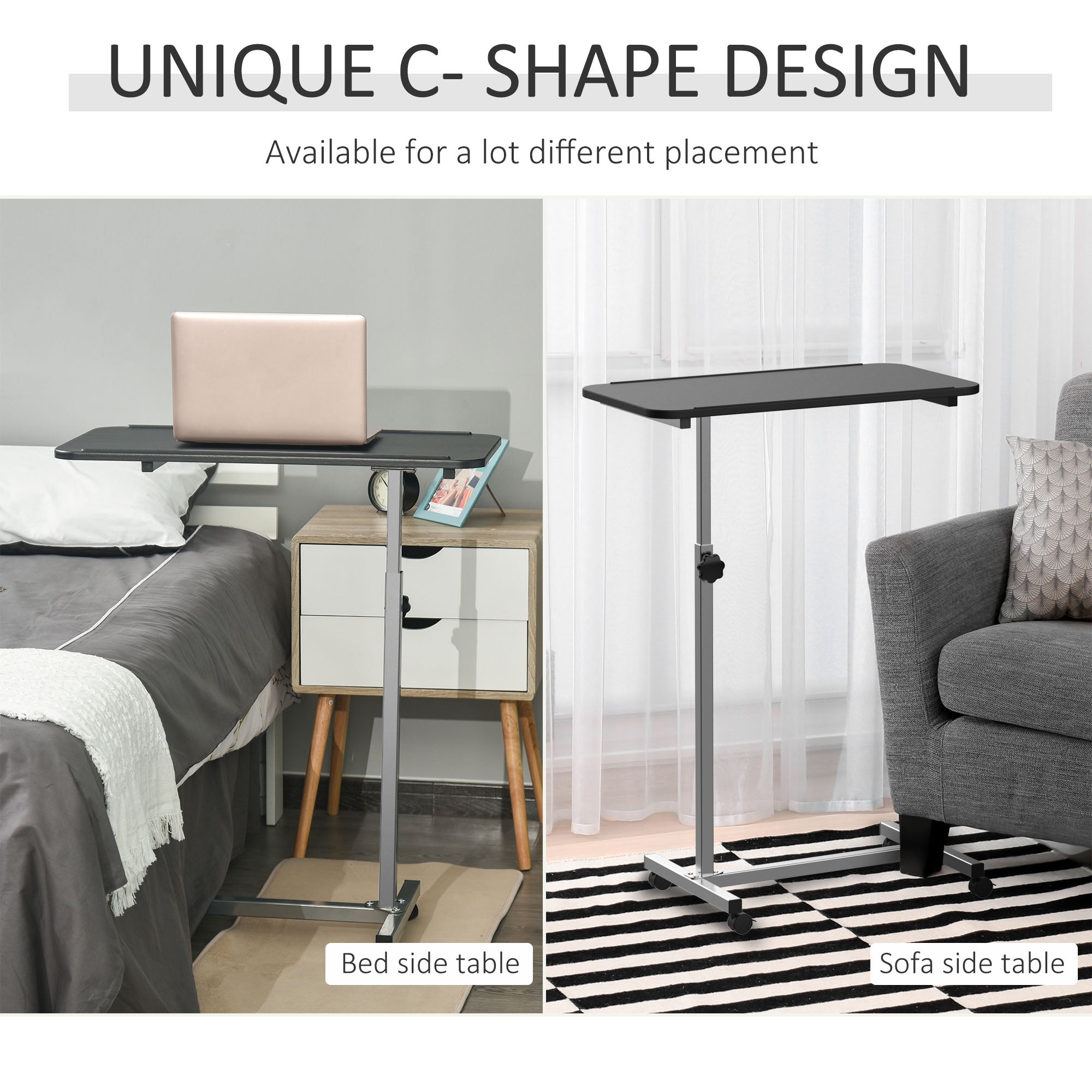 HOMCOM Height Adjustable Overbed Table with Wheels, C Shaped Laptop Desk, Portable Rolling Bedside Table for Living Room, Bedroom, Black - North Peak Garden Furniture