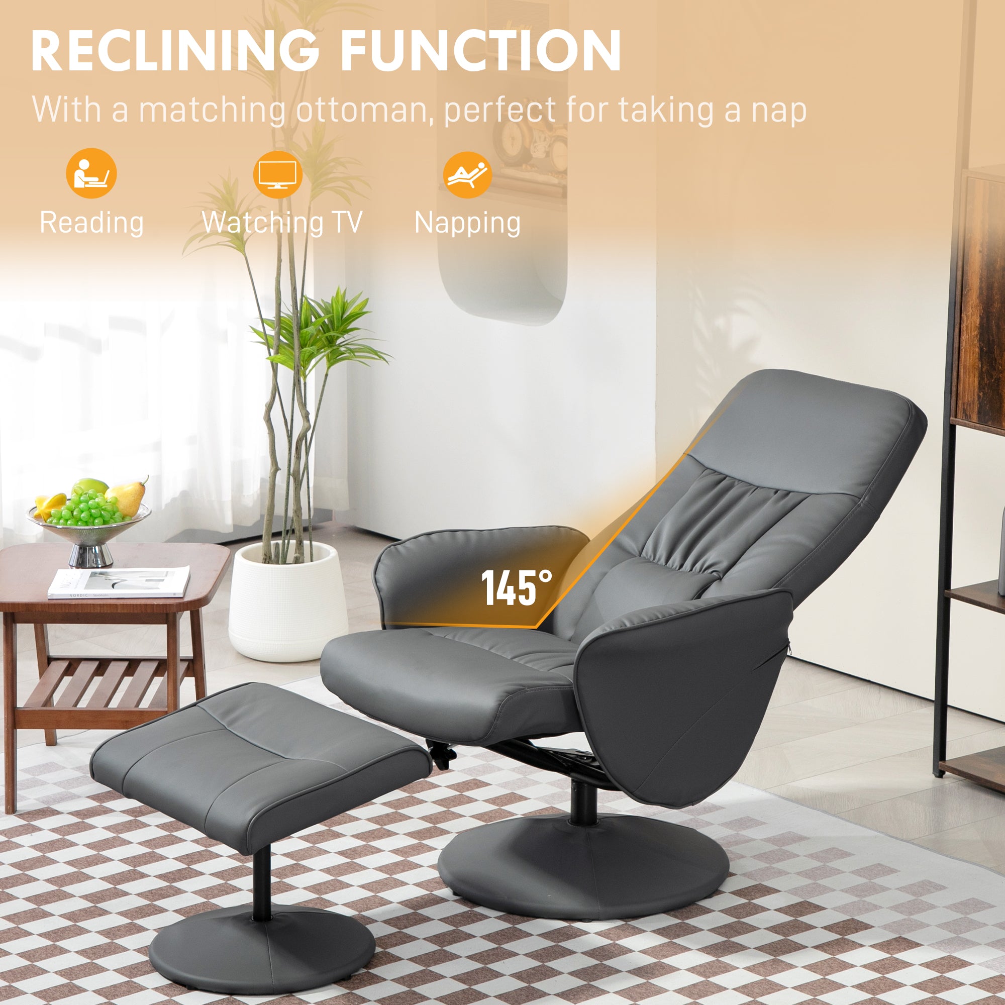 HOMCOM Swivel Recliner Chair with Footstool, PU Leather Armchair and Ottoman with High Back and Round Base for Living Room, Grey - North Peak Garden Furniture
