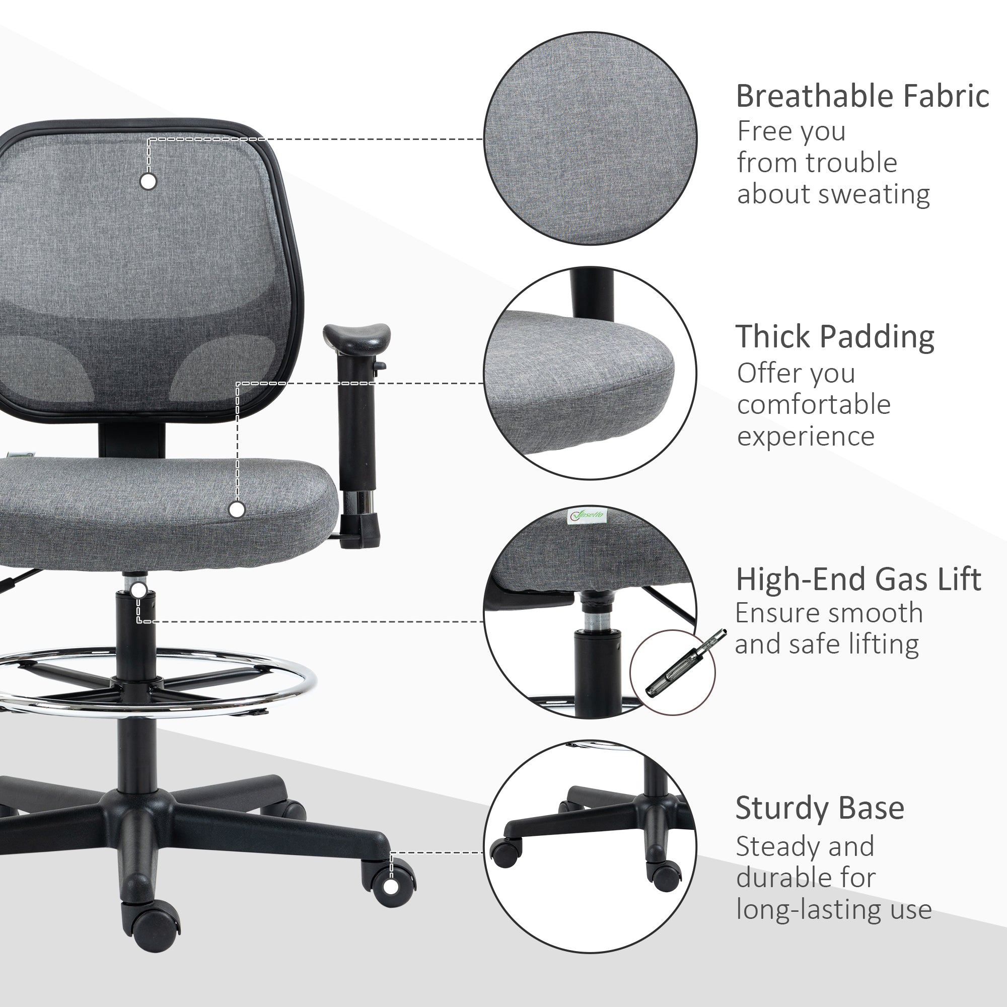 Vinsetto Drafting Chair, Fabric Office Chair, Ergonomic Painting Chair with Height Armrest Adjustable and Foot Ring, 360° Swivel Stool Chair for Standing Desk, Grey