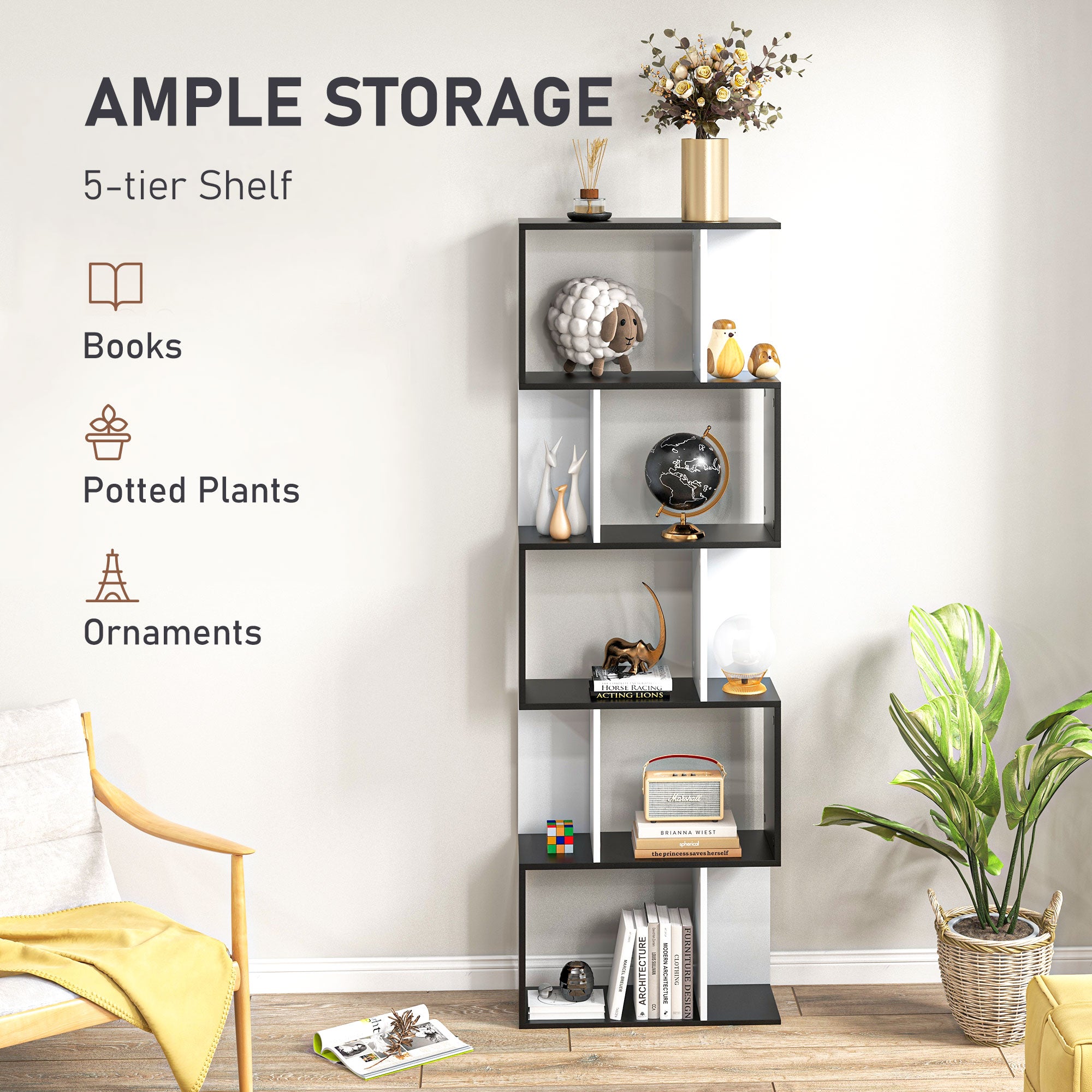 HOMCOM 5-tier Bookcase Storage Display Shelving S Shape design Unit Divider Black - North Peak Garden Furniture