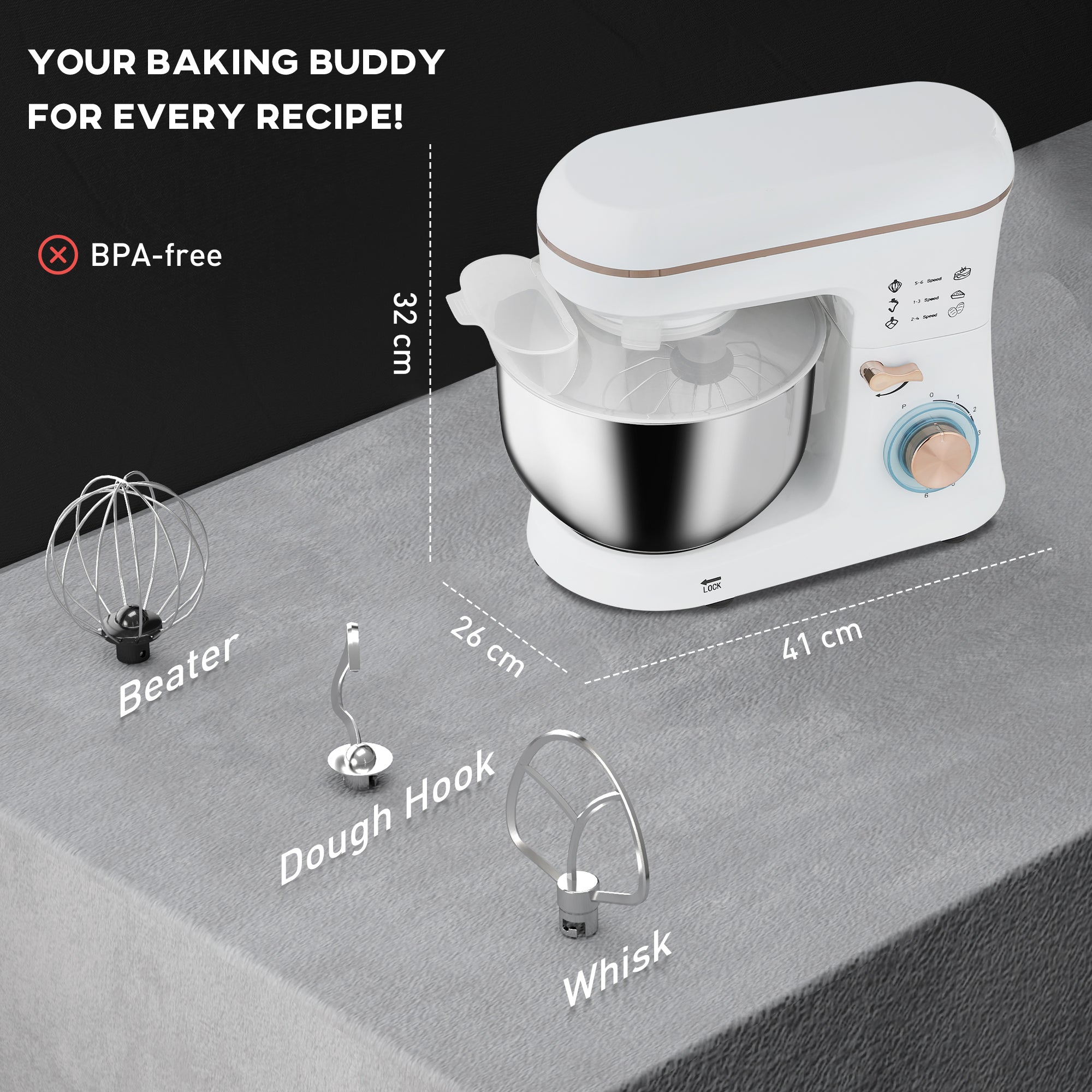 HOMCOM Stand Mixer, 5L Food Mixer for Baking, 6 Speeds and Pulse Setting, 1400W Cake Electric Kitchen Mixer with Dough Hook, Whisk, Stainless Steel Bowl, Splash Guard, Beater, White - North Peak Garden Furniture