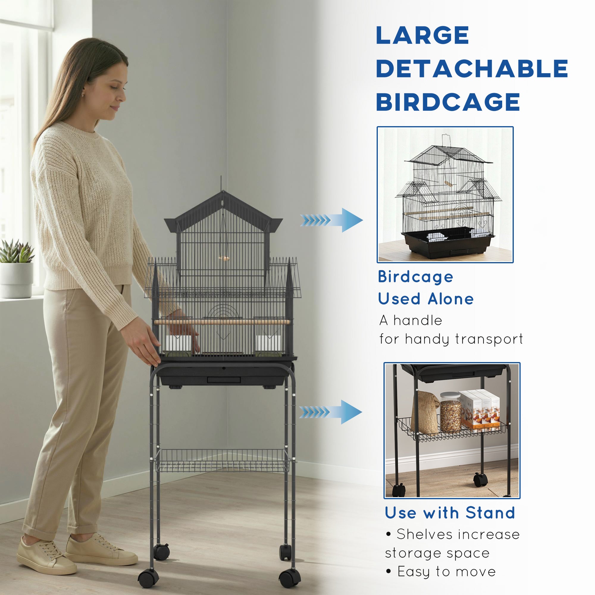 PawHut Metal Bird Cage with Plastic Swing, Perch, Food Container, Tray, Handle, for Finches, Canaries, Budgies, 50.5 x 40 x 63cm