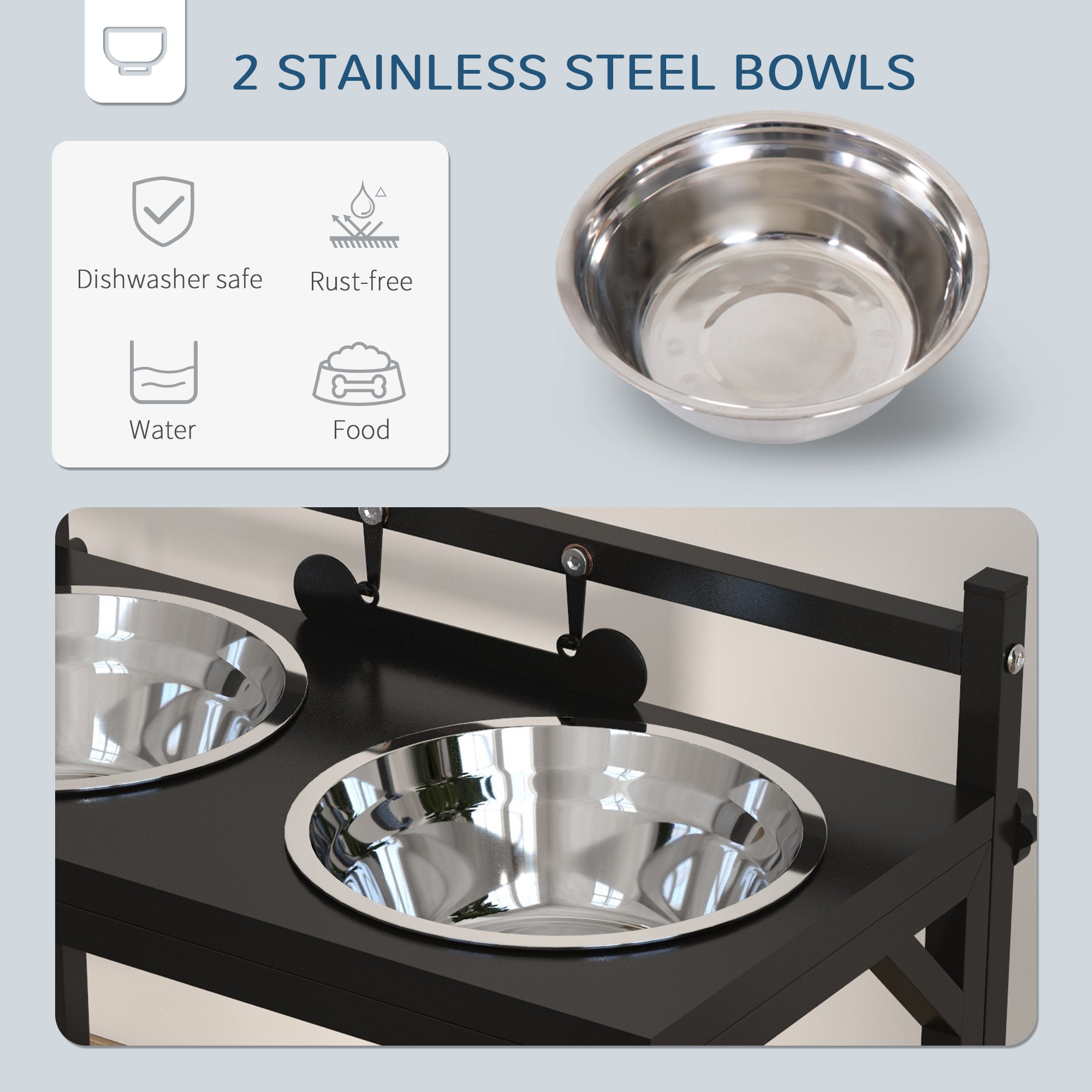 PawHut Dog Bowls with Stand, Adjustable Height Elevated Dog Bows for Small Medium Large Dogs - Black - North Peak Garden Furniture
