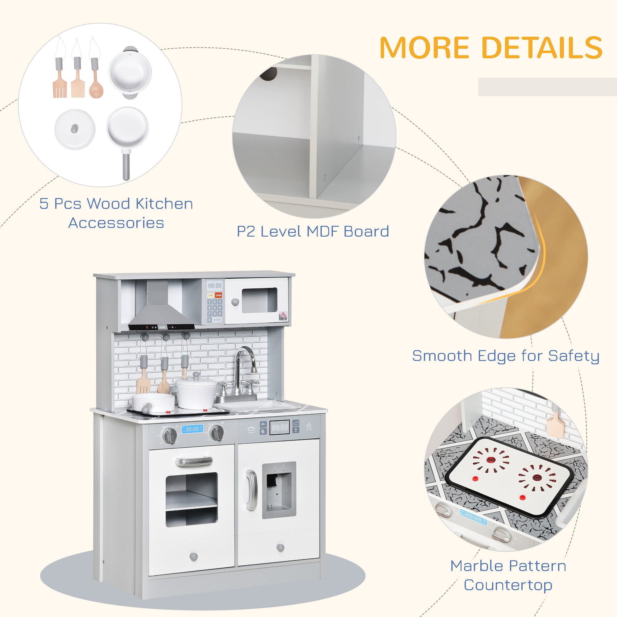 HOMCOM Kids Wooden Toy Kitchen Pretend Play Cooking Playset w/ Sound & Light Effect, Battery Operated Cooktop, Ice Machine, Marble Pattern Countertop, for 3-6 Years Old - North Peak Garden Furniture