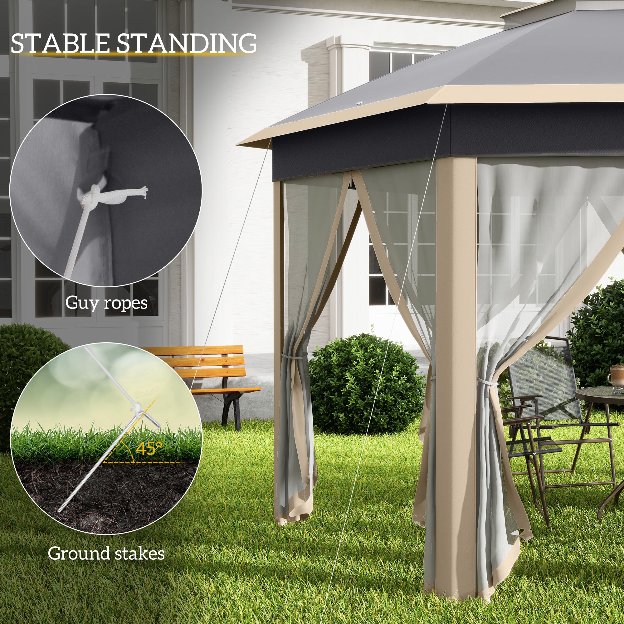 Outsunny Hexagon Pop Up Gazebo Outdoor Patio Gazebo Double Roof Instant Shelter with Netting, 3 x 4m, Khaki - North Peak Garden Furniture