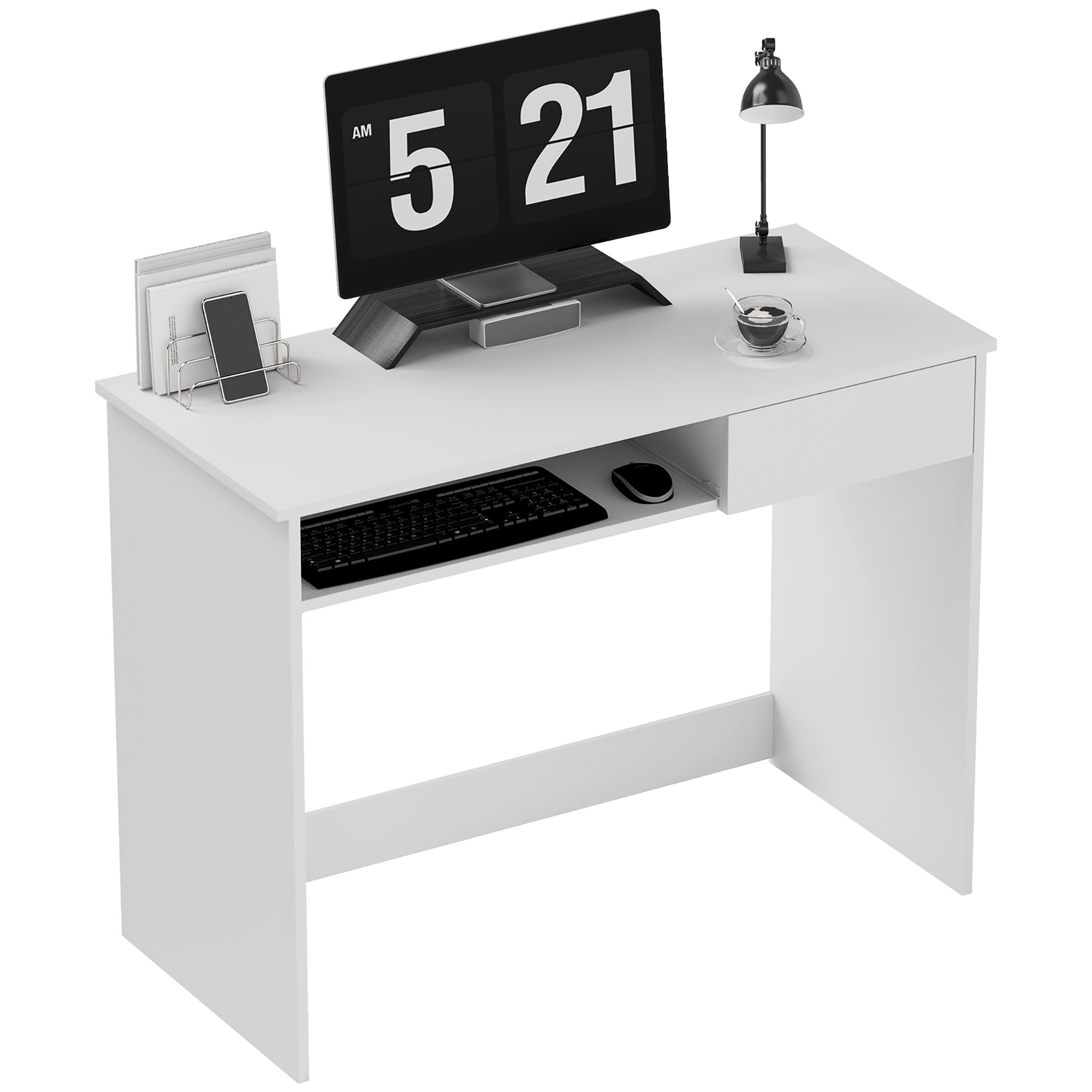 HOMCOM 100cm Compact Computer Desk with Keyboard Tray, Home Office Desk with Drawer for Bedroom Study, White - North Peak Garden Furniture