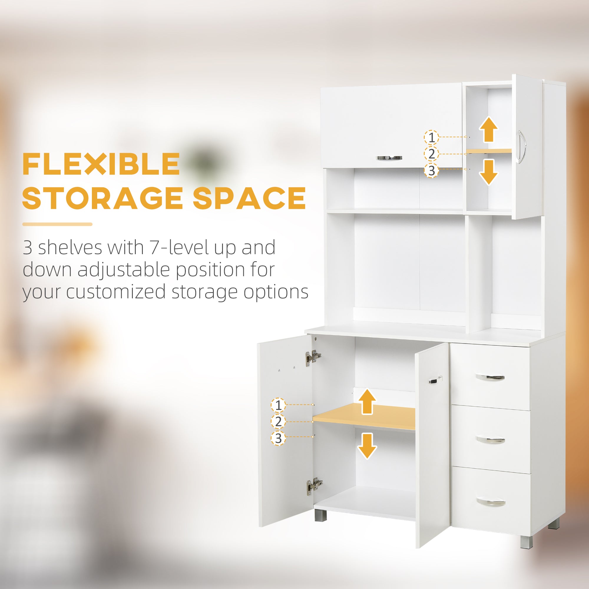 HOMCOM Freestanding Kitchen Cupboard, Storage Cabinet with Doors and Shelves, Drawers, Open Compartments for Microwave,White
