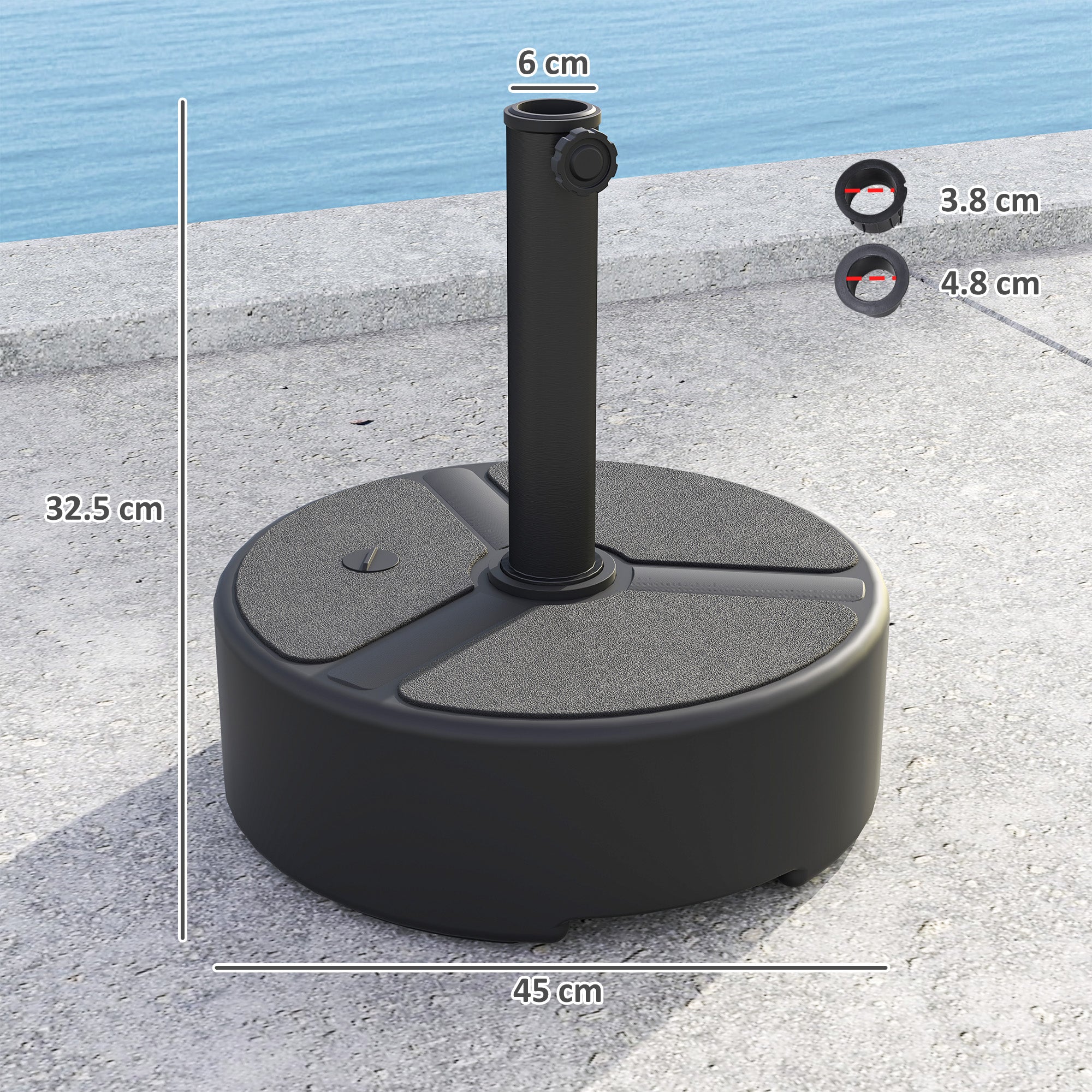 Outsunny Round Garden Parasol Base, Garden Umbrella Stand Heavy Duty Parasol Base, Filled Up to 20kg with Stand or 18kg with Water for 38, 48 mm Poles, Black - North Peak Garden Furniture