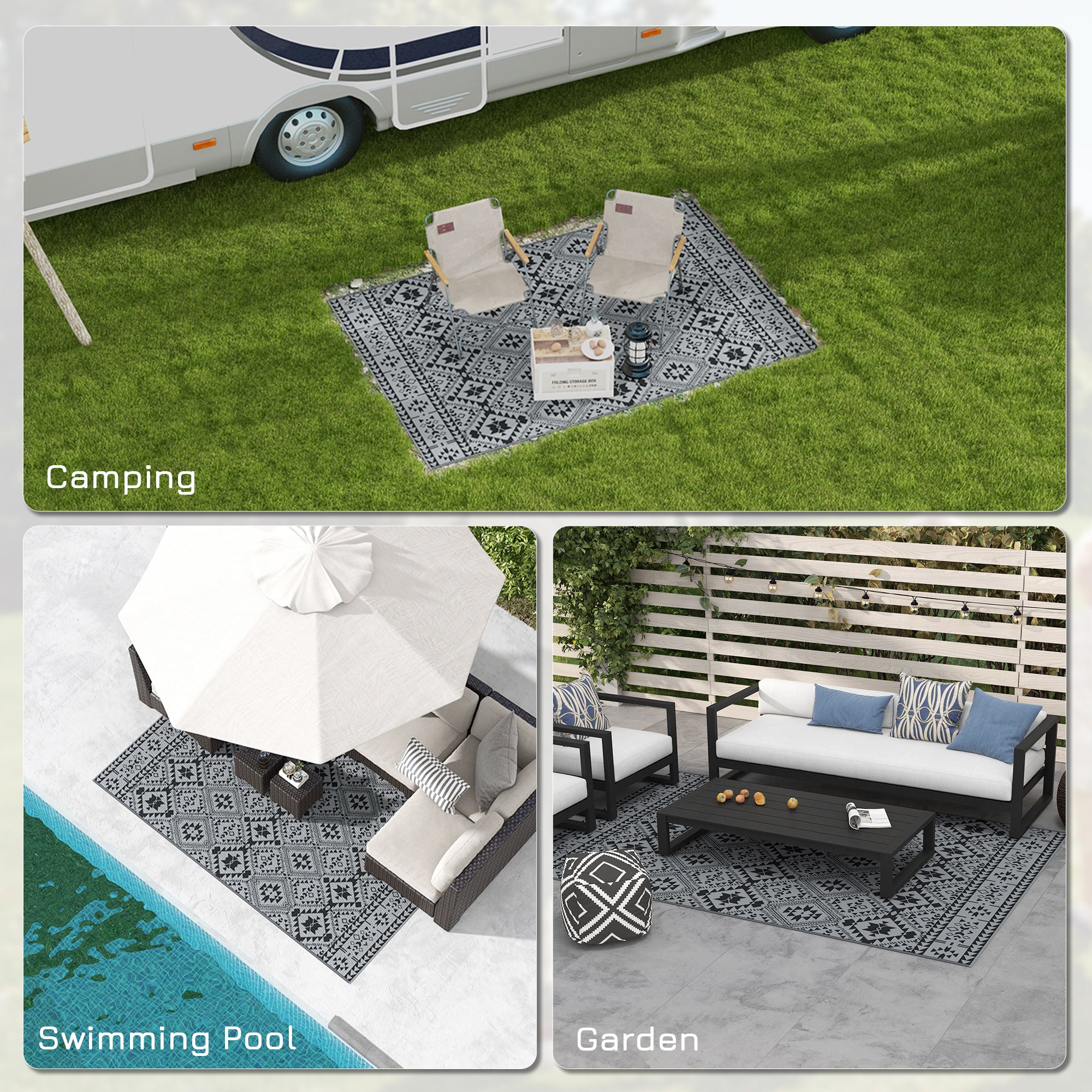 Outsunny 182 x 274cm Reversible Patterned Outdoor Rug, with Bag - Black/Grey - North Peak Garden Furniture