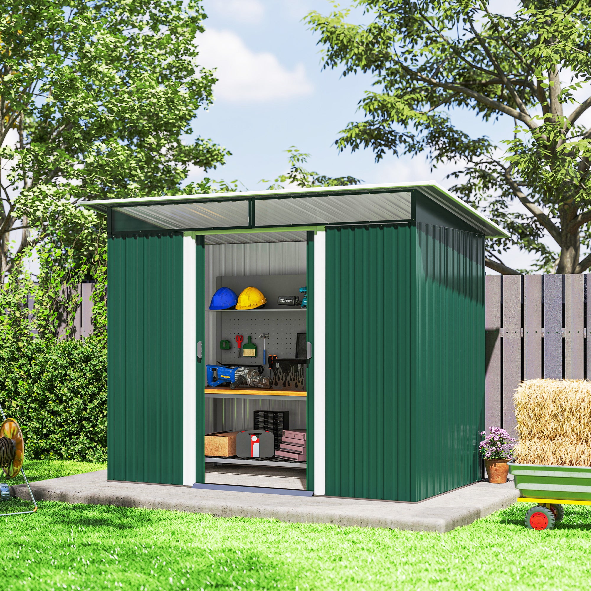 Outsunny Metal Garden Storage Shed, Tool Storage House with Double Sliding Doors and Lightsky Panels, 8.5 x 4ft