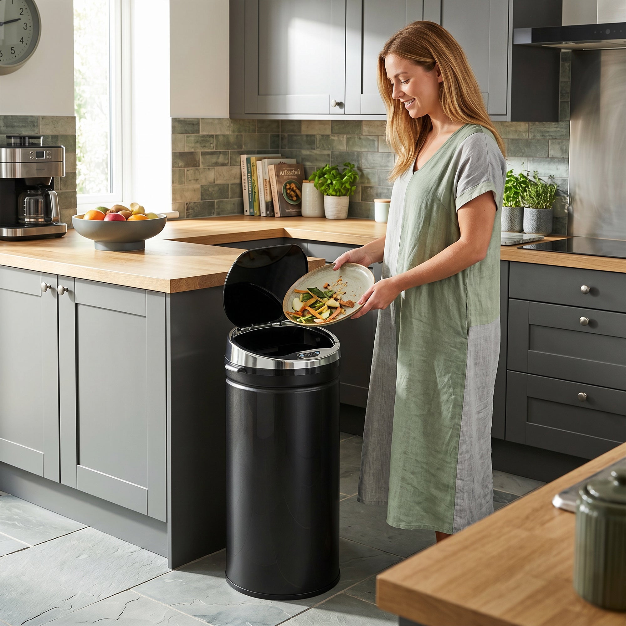 HOMCOM 42L Sensor Bin for Kitchen Waste Automatic Dustbin Motion Detection Dustbin  Stainless Steel Rubbish Can with Bucket, Black