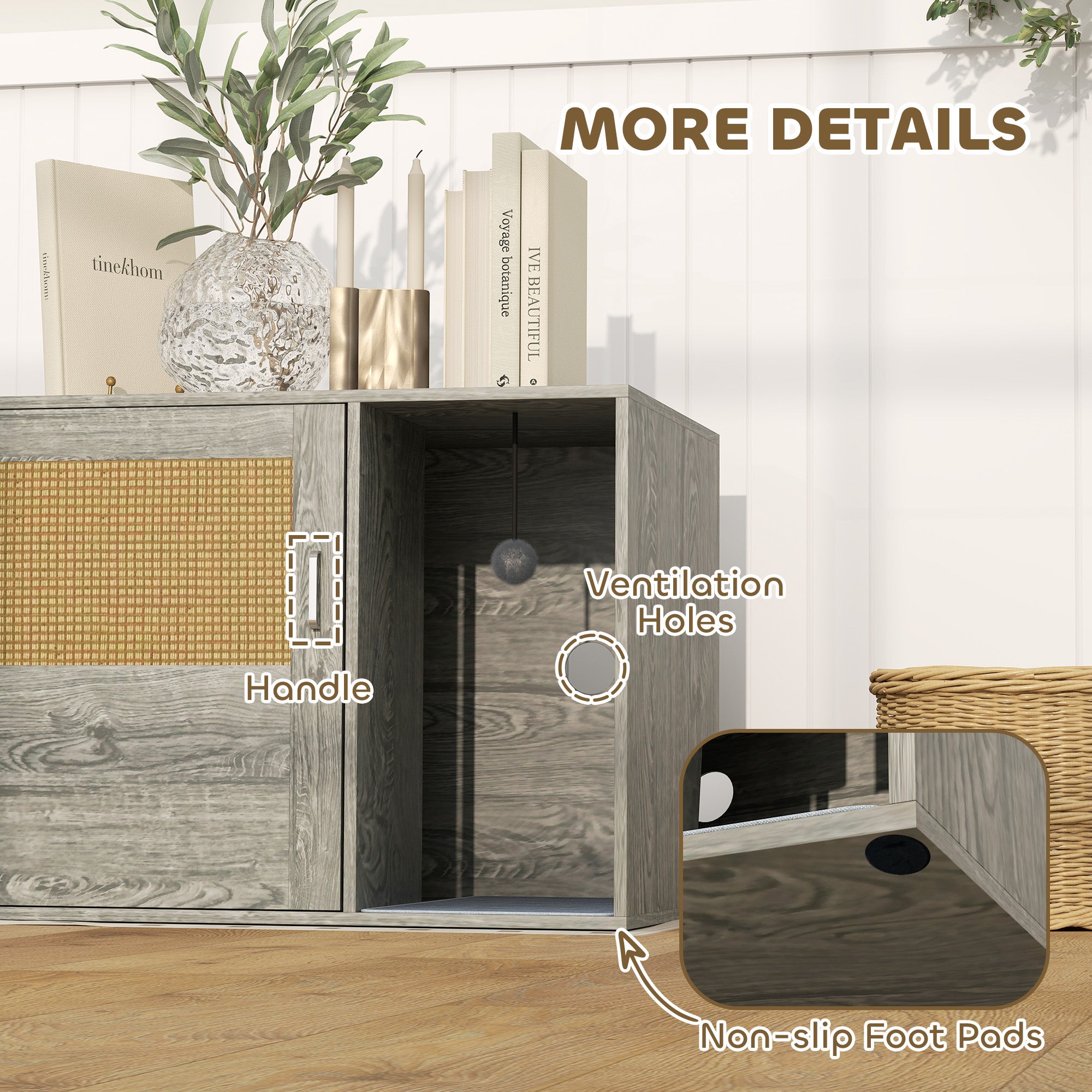 PawHut Boho Style Cat Litter Box Enclosure with Rattan Door, Scratching Mat, Toy Ball, Non-slip Foot Pads, 80 x 50 x 50cm, Grey - North Peak Garden Furniture
